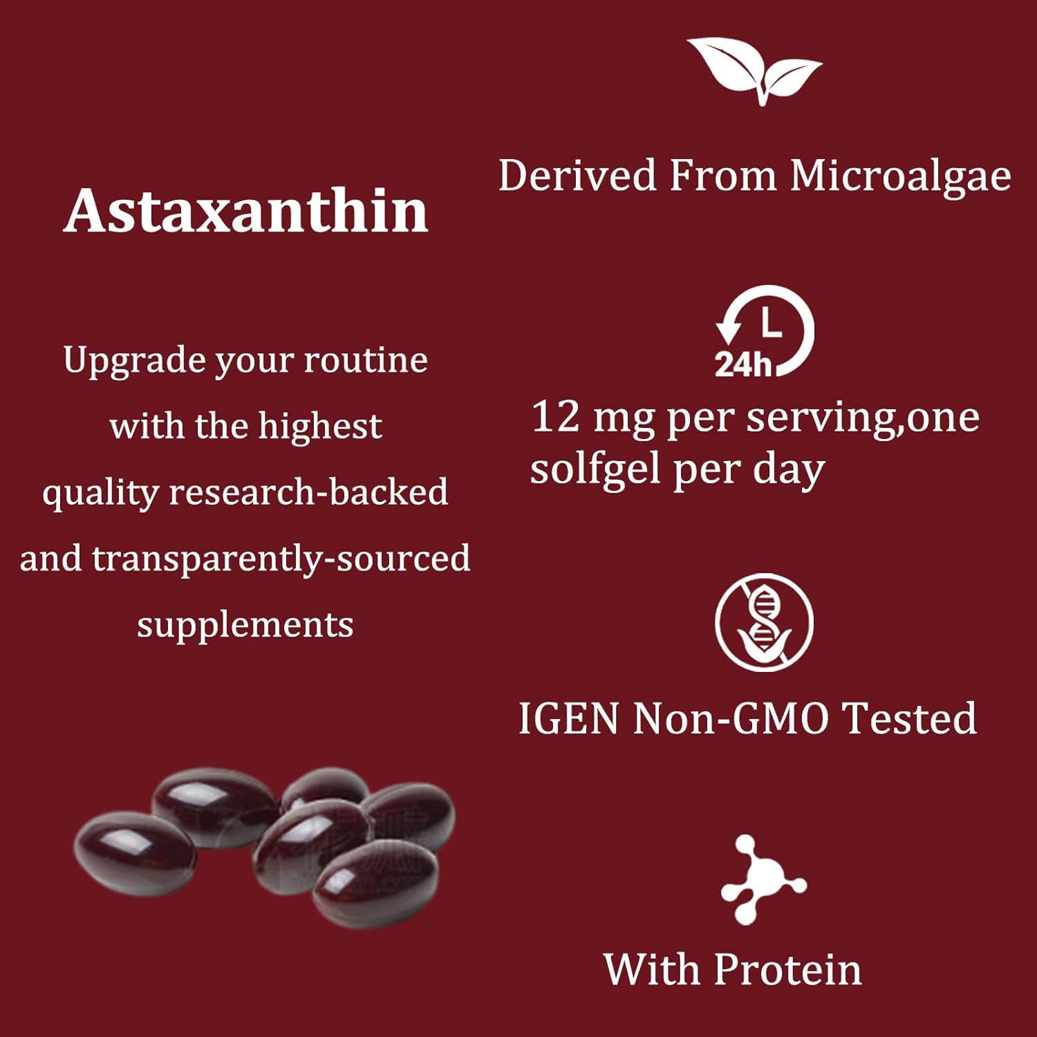 Yoqpoe Astaxanthin 12mg supplement on a wooden table