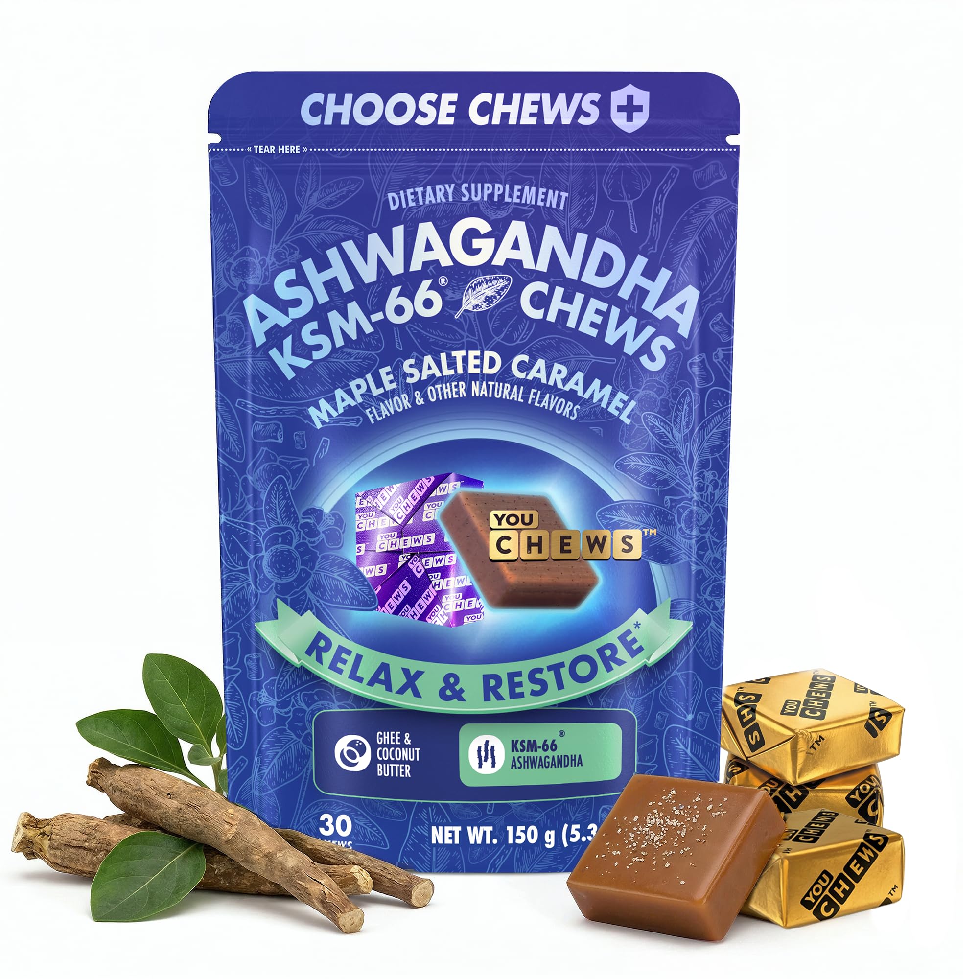 YouChews Ashwagandha Soft Chews front view with packaging