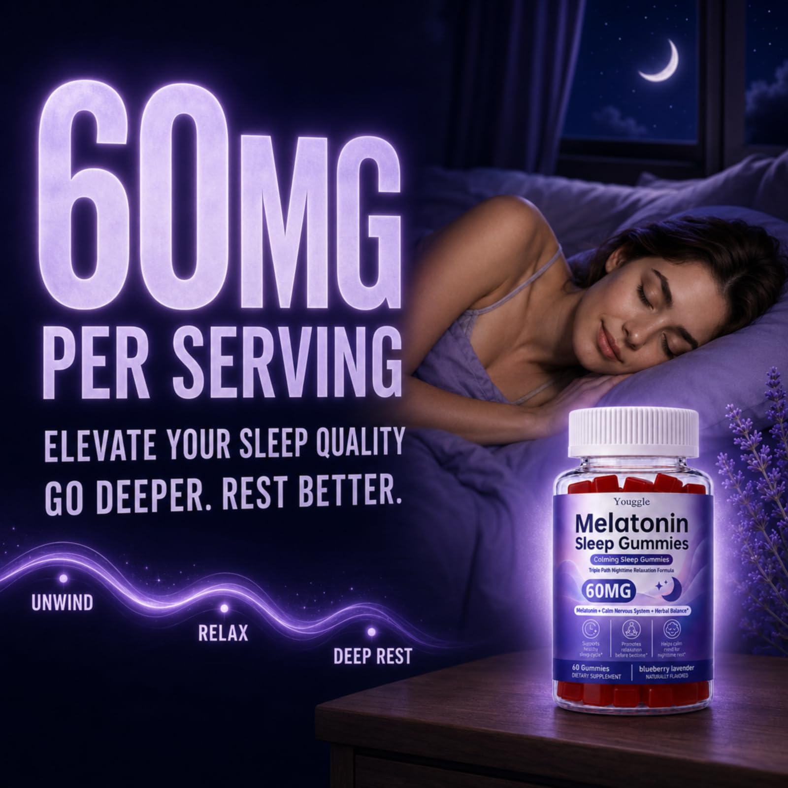 Youggle Melatonin Gummies bottle with blueberry lavender flavour
