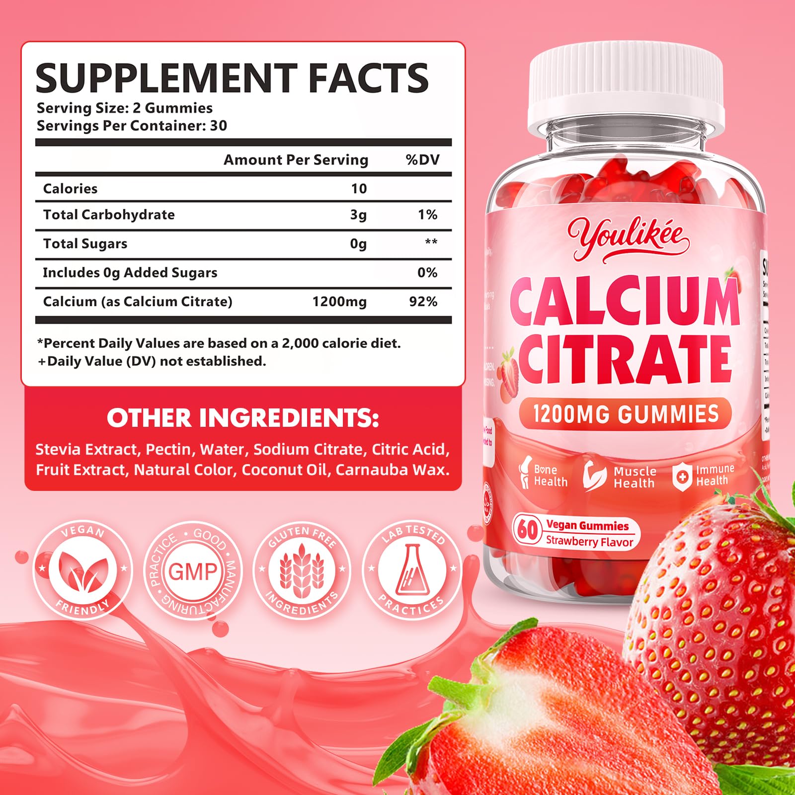 Youlikee Calcium Citrate Gummies 1200mg side view with gummies