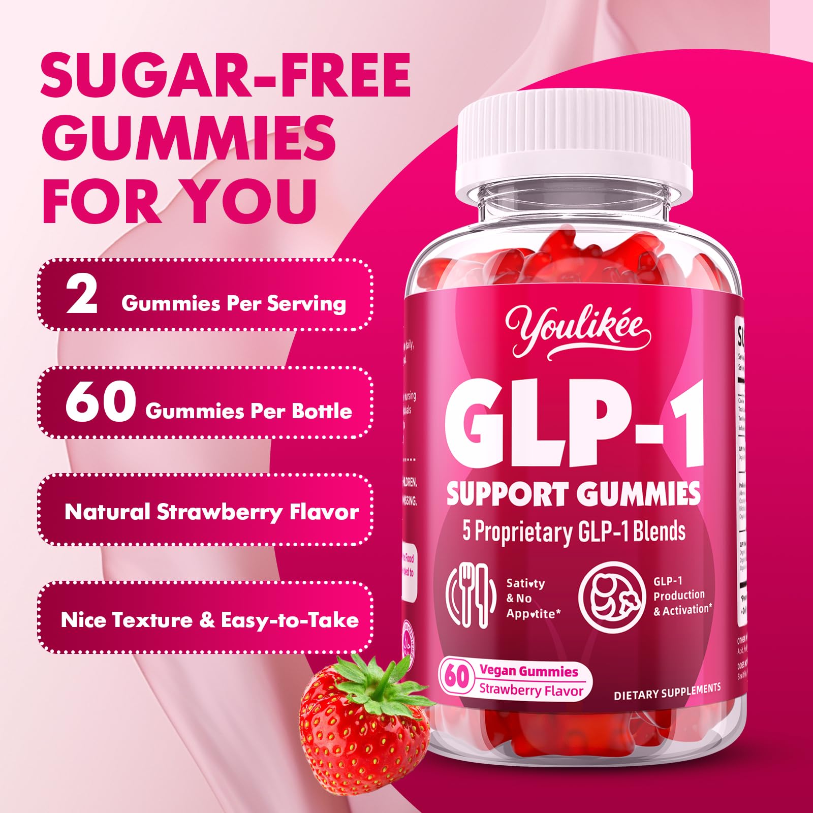 Youlikee GLP-1 Gummies displayed with fresh strawberries