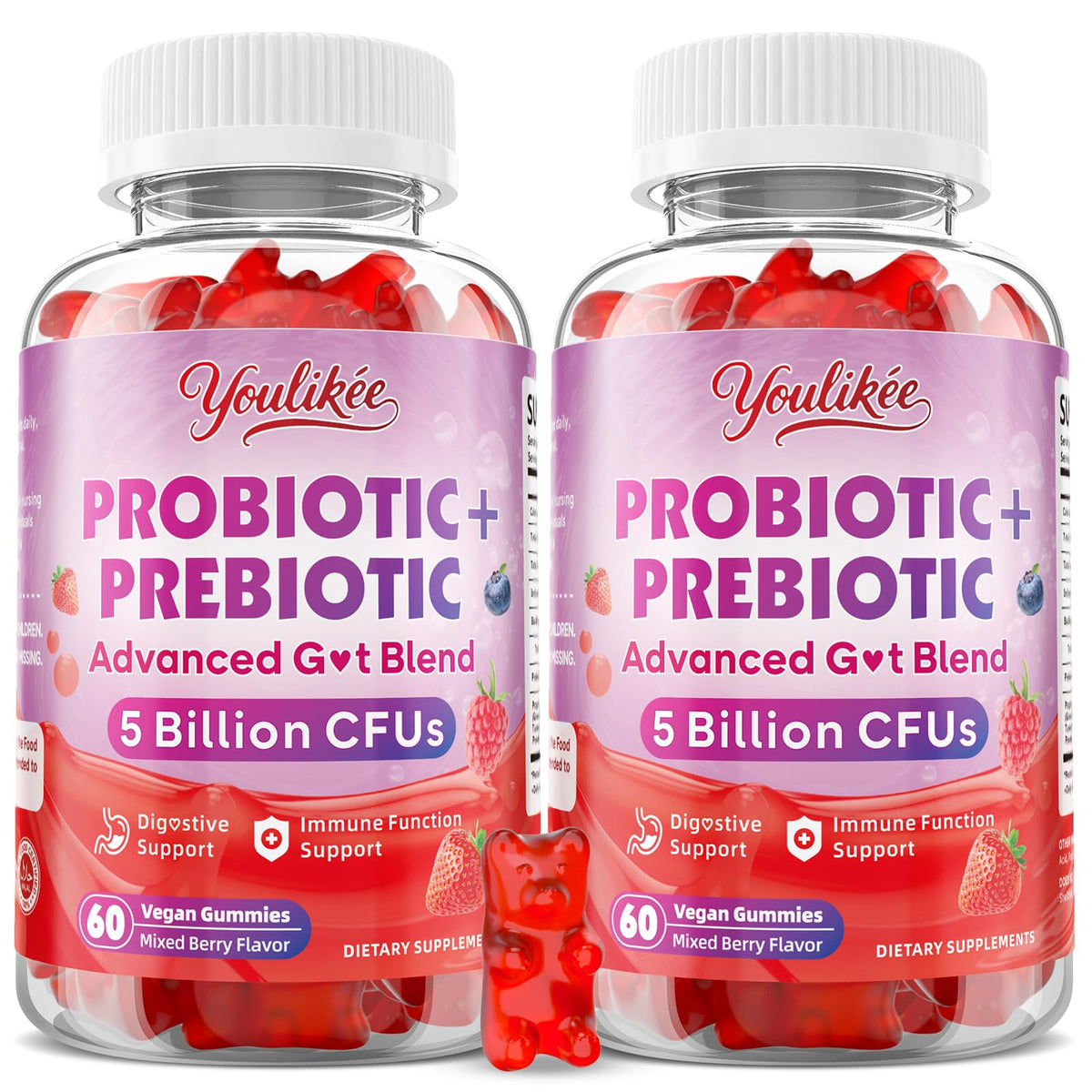 Youlikee Probiotic + Prebiotic Gummies front view with mixed berry flavour