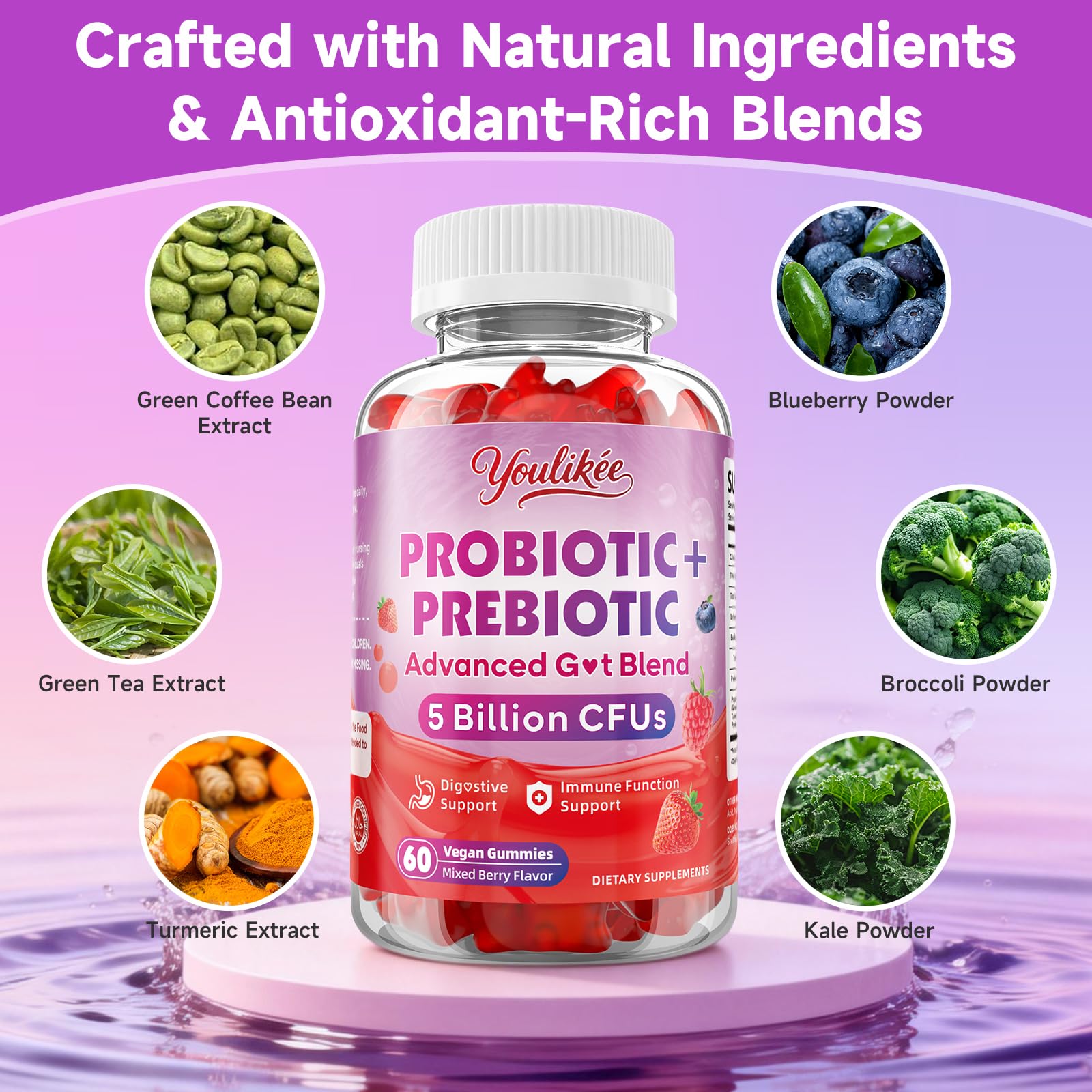 Youlikee Probiotic + Prebiotic Gummies natural mixed berry flavour