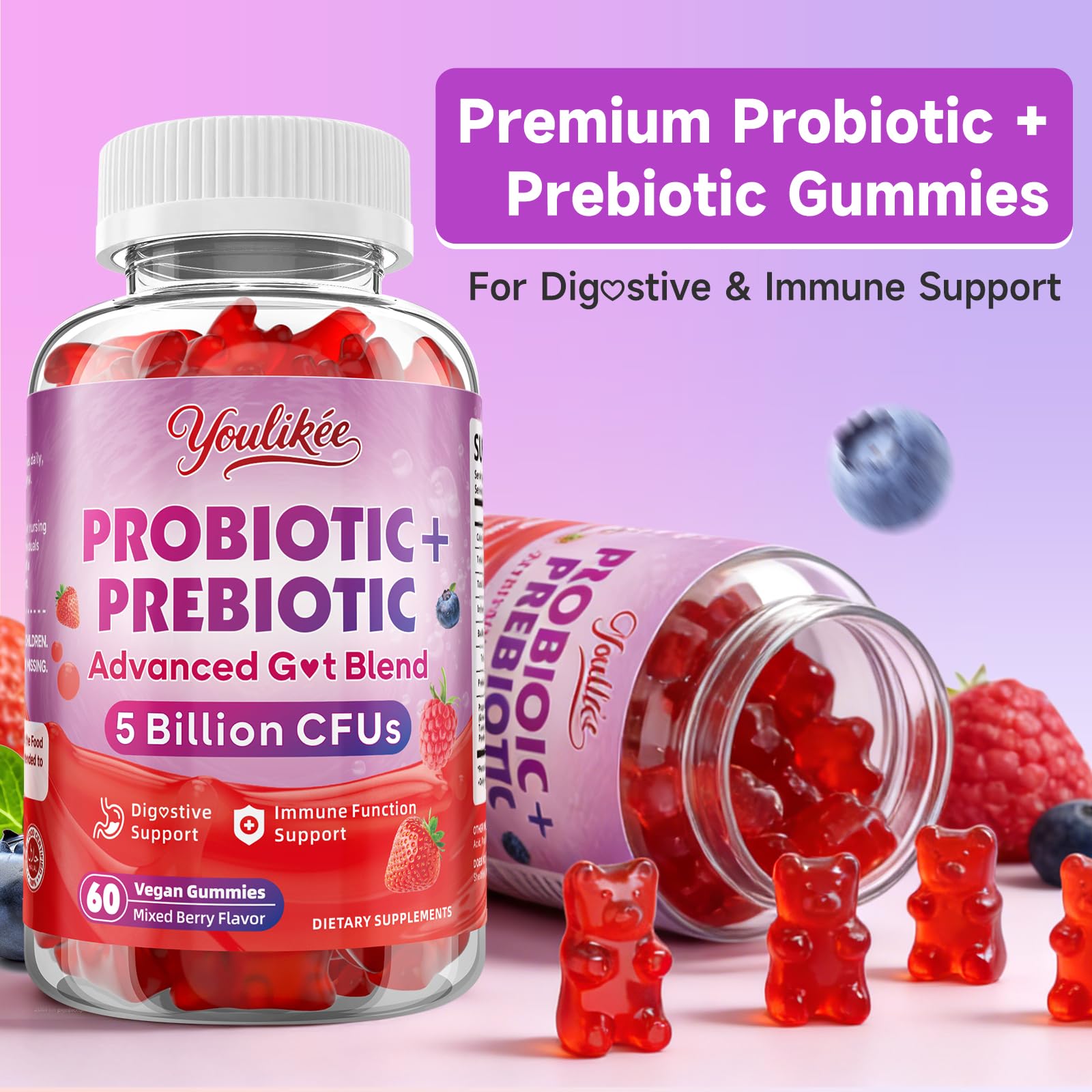 Youlikee Probiotic + Prebiotic Gummies on a wooden table