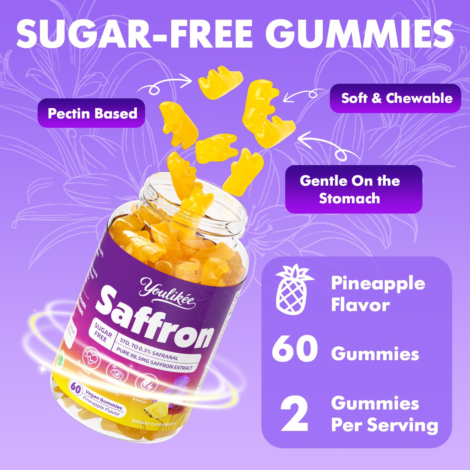 Youlikee Saffron Gummies displayed with other herbal supplements