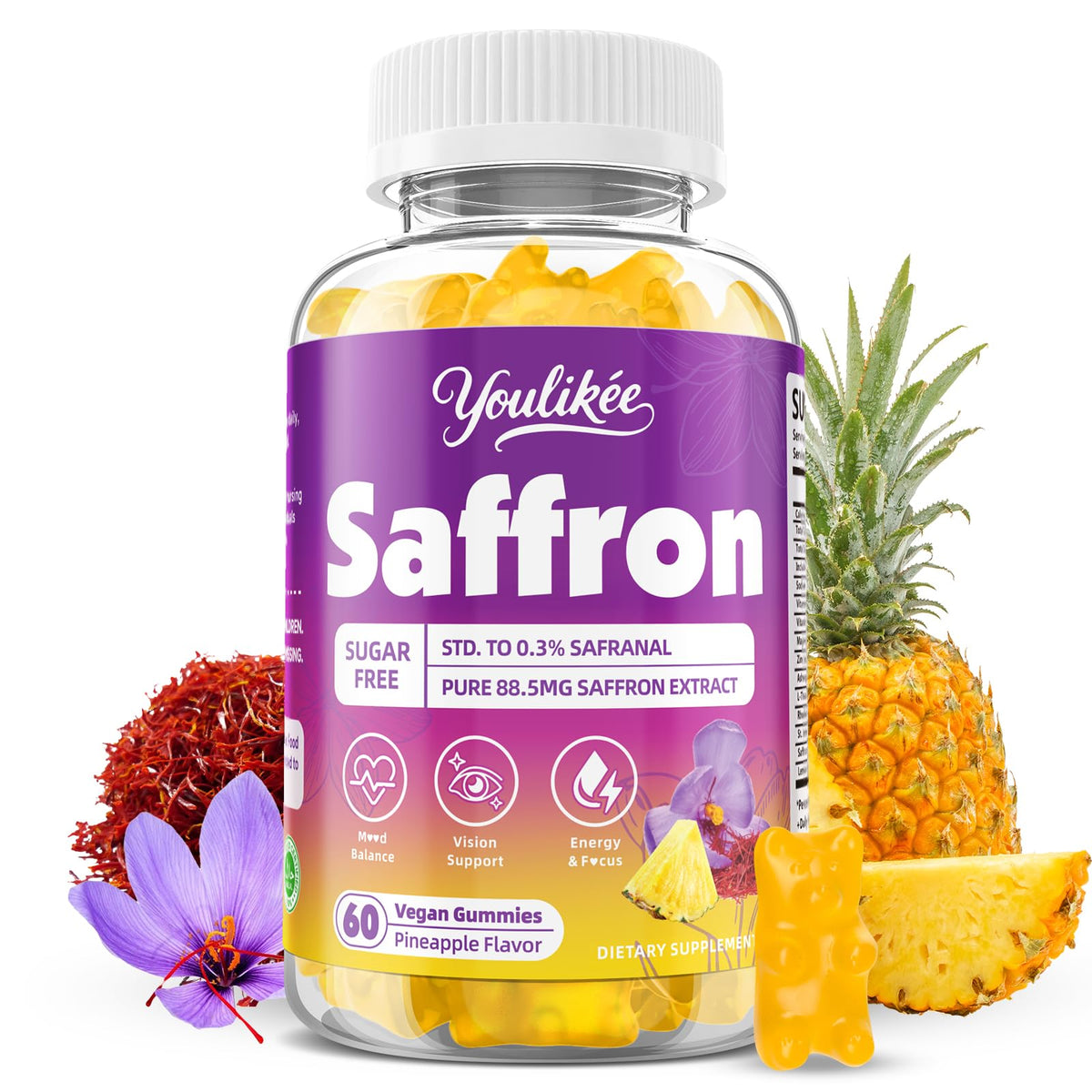 Youlikee Saffron Gummies front view with pineapple flavour