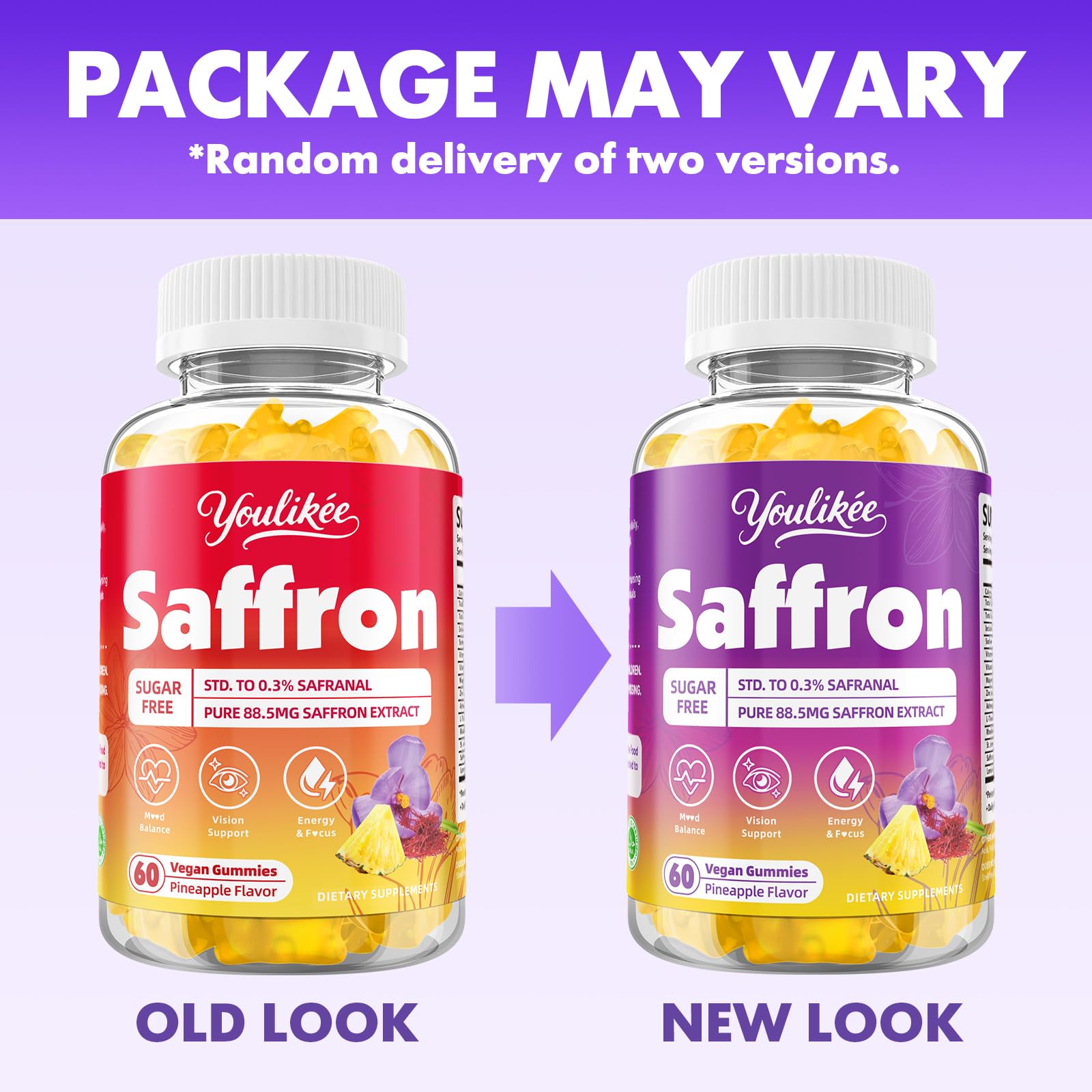 Youlikee Saffron Gummies on a wooden table