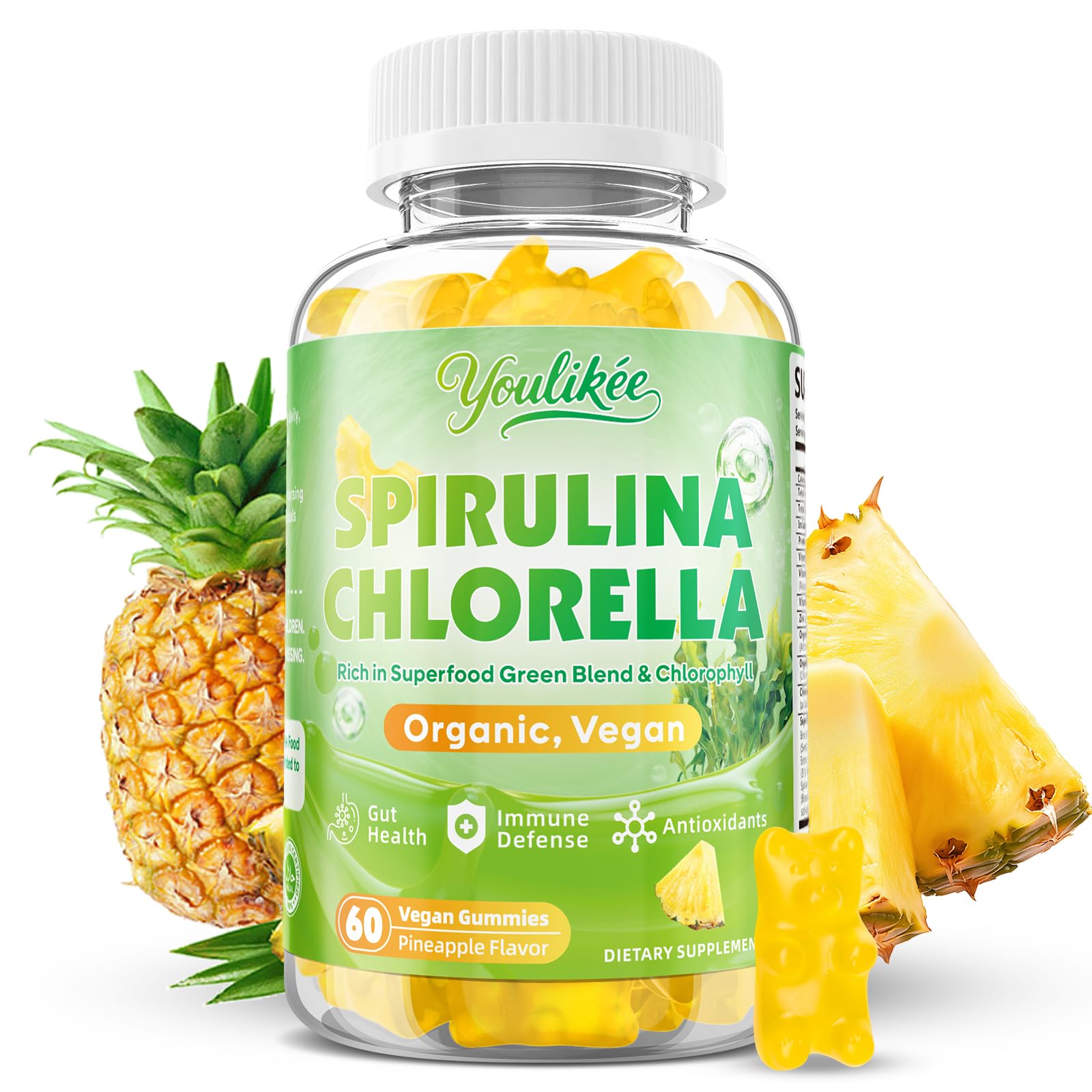 Youlikee Spirulina Chlorella Gummies front view with packaging