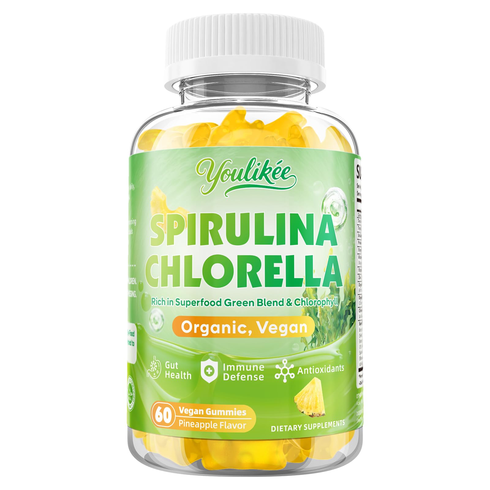 Youlikee Spirulina Chlorella Gummies packaging with ingredients list