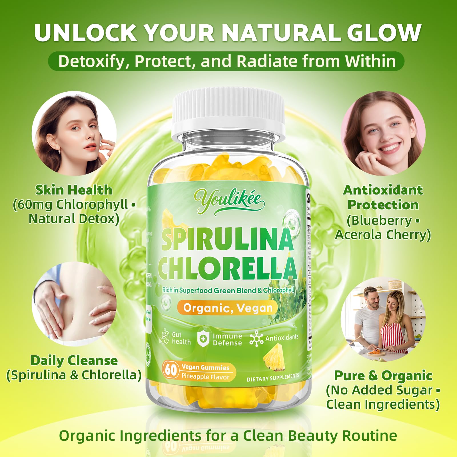 Youlikee Spirulina Chlorella Gummies side view with nutritional information