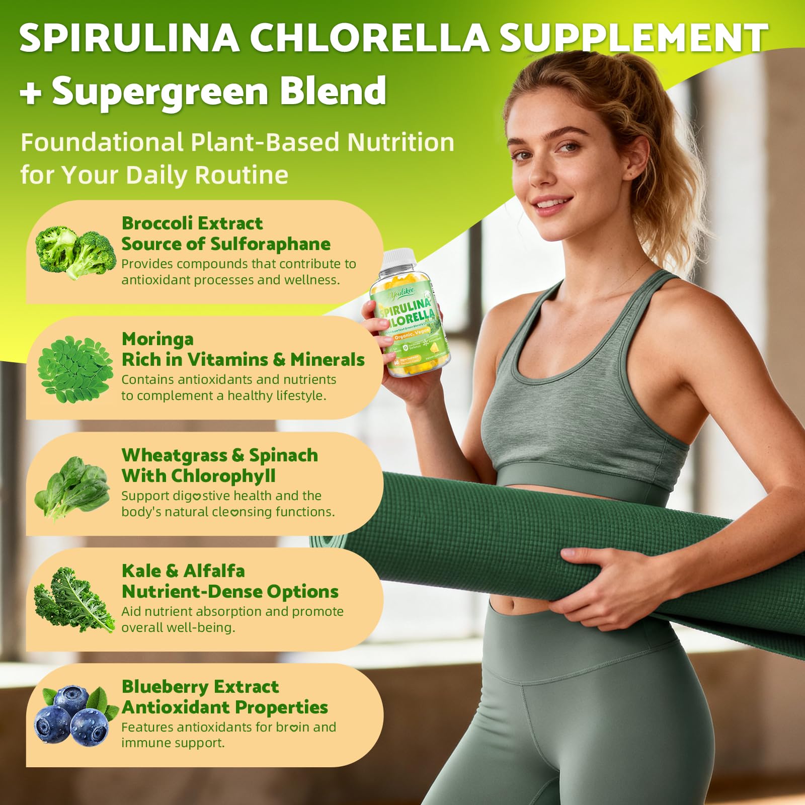 Youlikee Spirulina Chlorella Gummies with a measuring spoon
