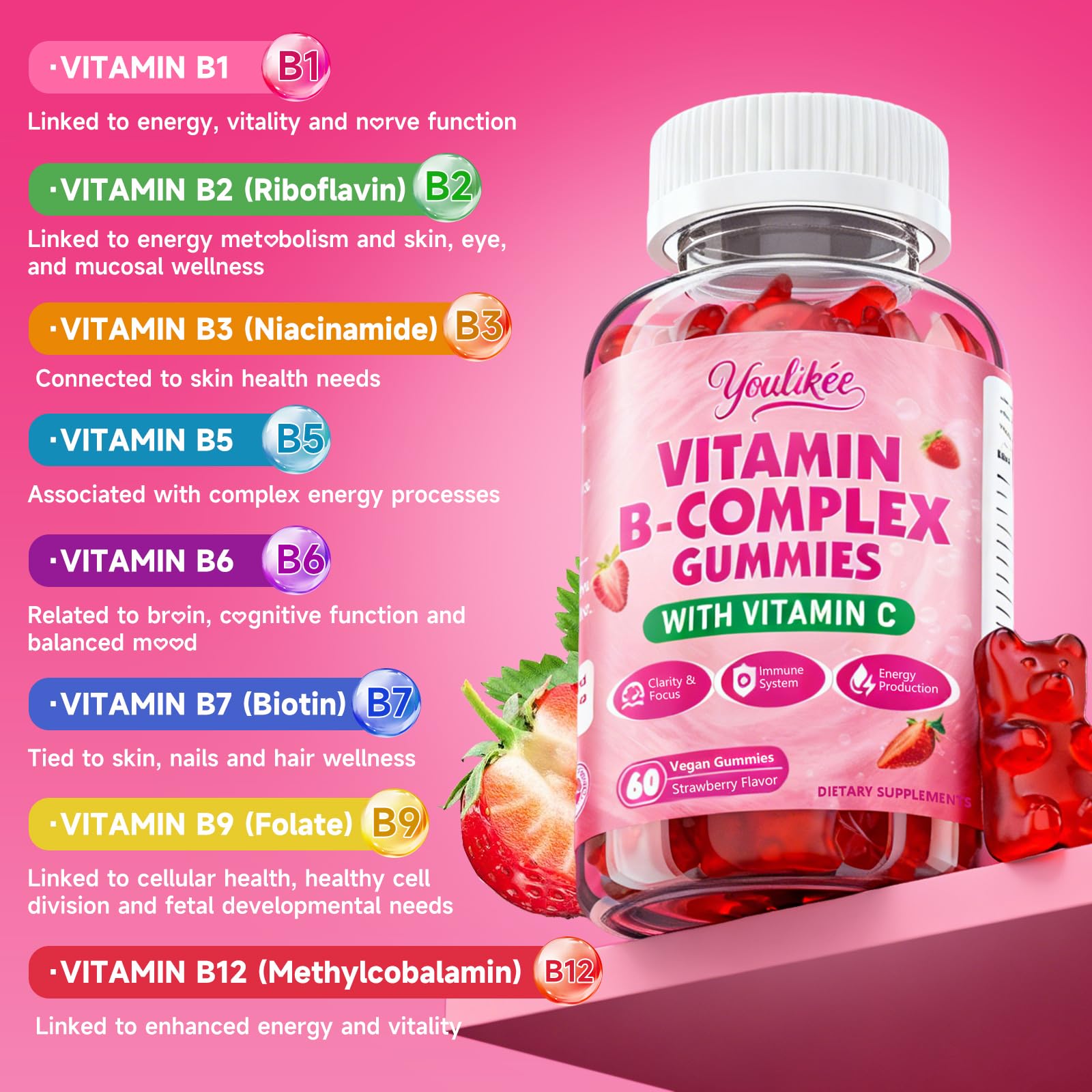 Youlikee Vitamin B-Complex Gummies displayed on a wooden table