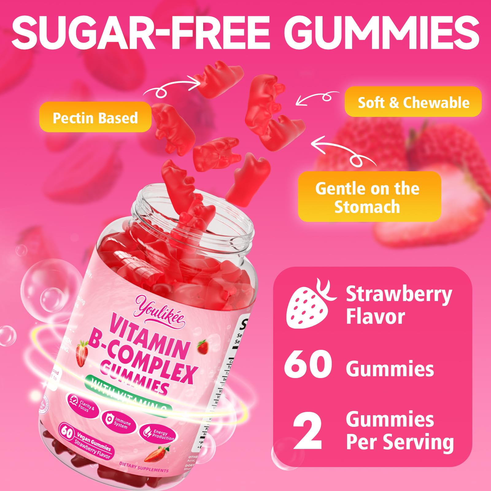 Youlikee Vitamin B-Complex Gummies with fresh strawberries