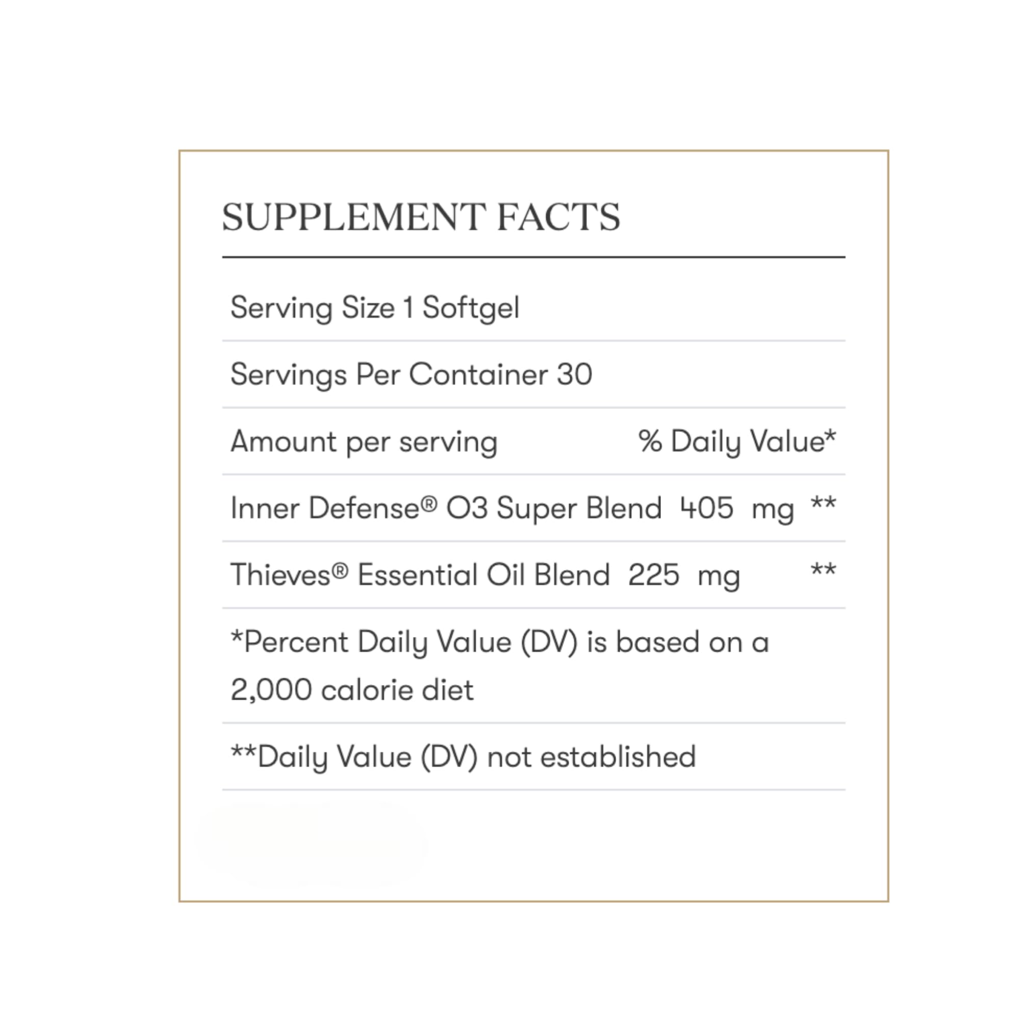 Young Living Inner Defense Oregano Softgels alongside a glass of water