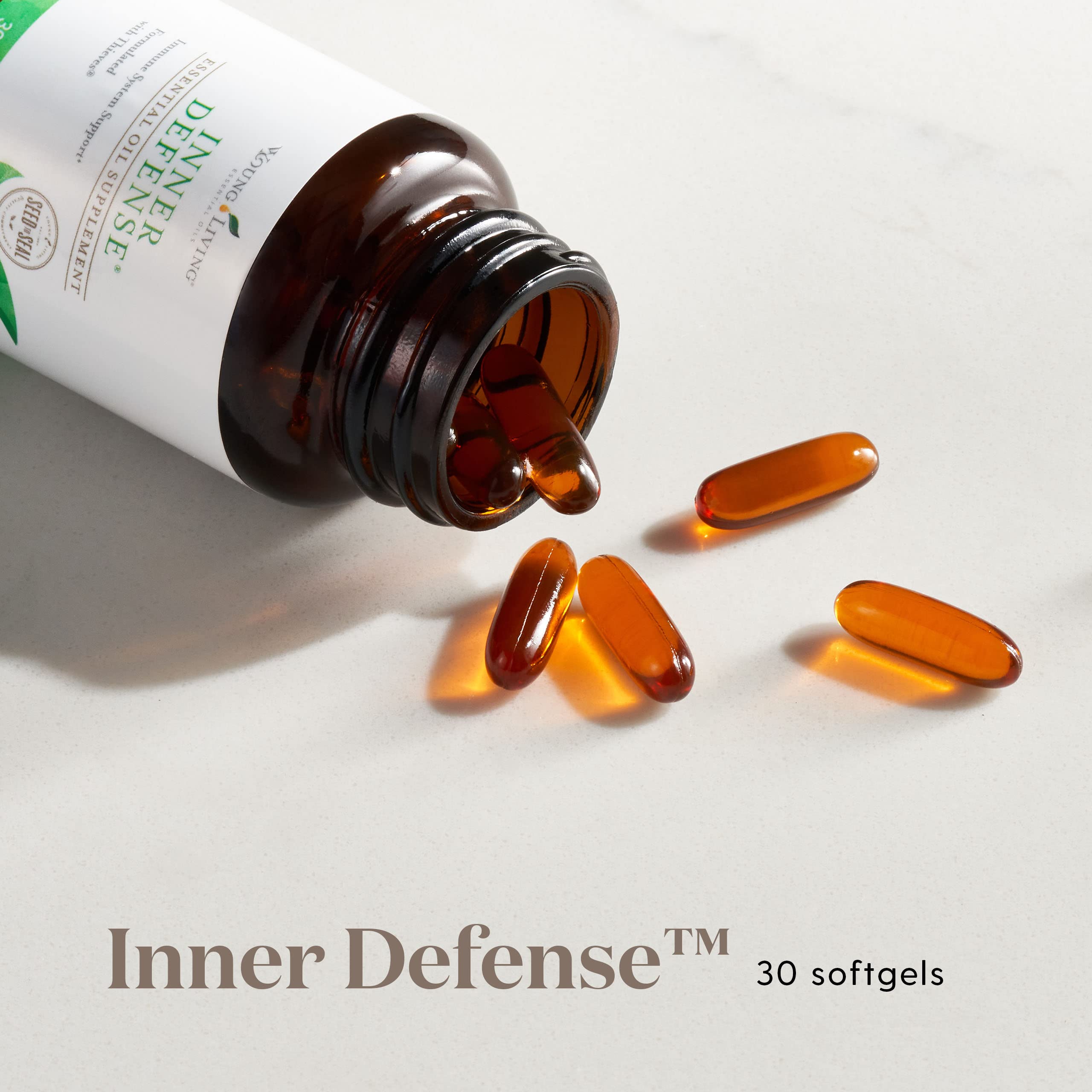 Young Living Inner Defense Oregano Softgels back view with ingredients