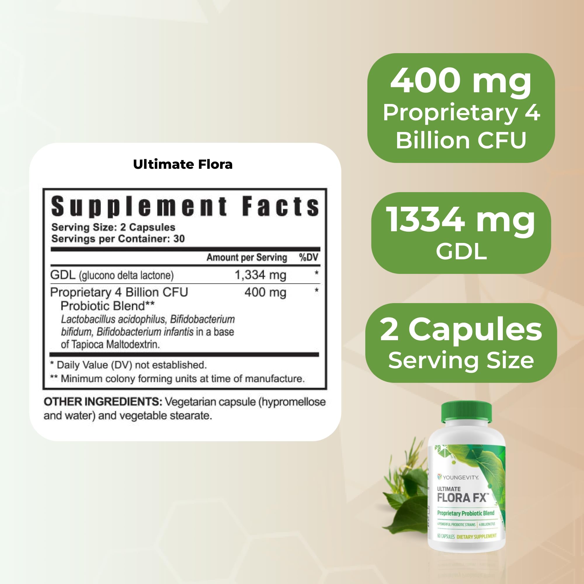 Youngevity Flora FX Probiotic Prebiotic Supplement capsule close-up