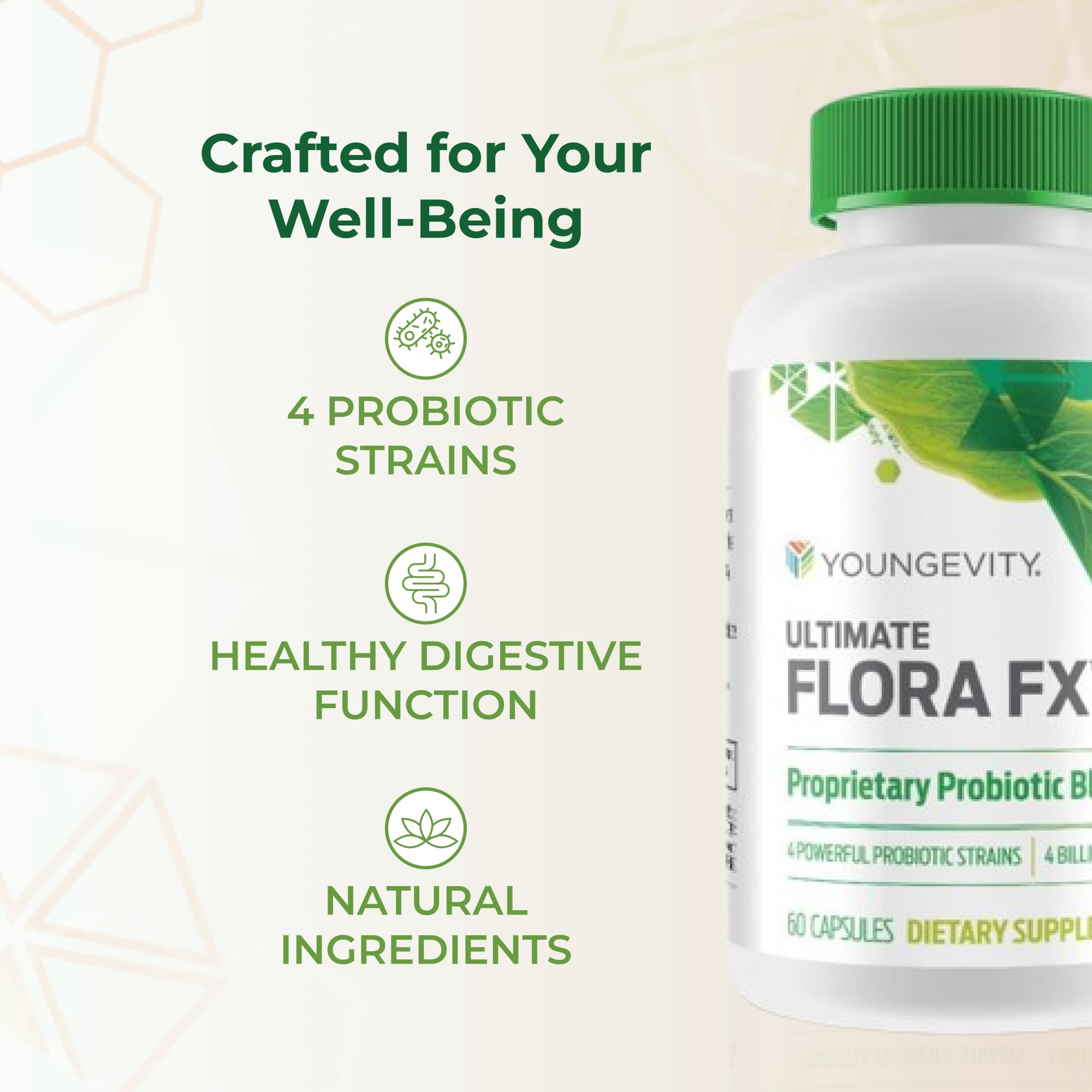 Youngevity Flora FX Probiotic Prebiotic Supplement on a wooden table