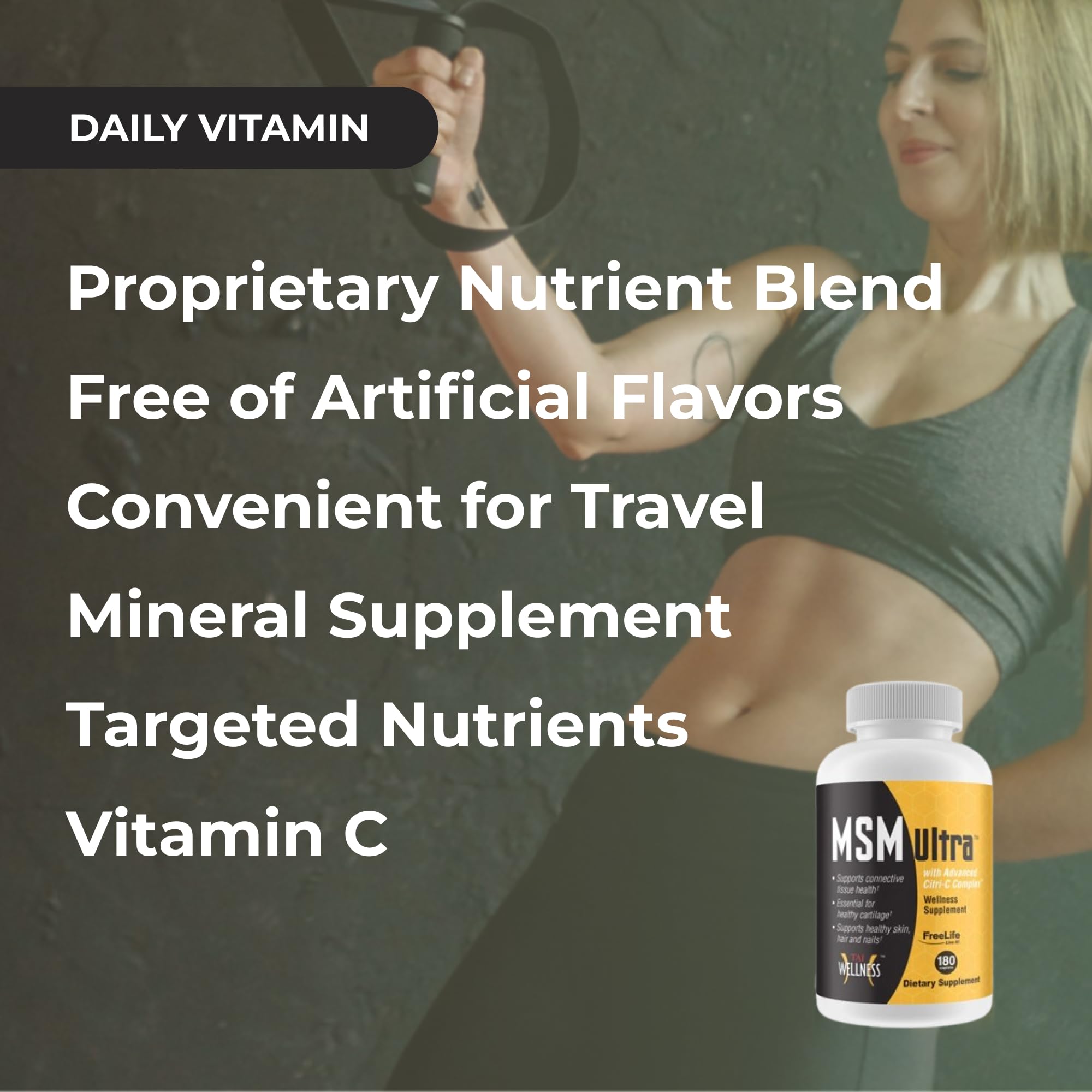 Youngevity MSM ULTRA supplement capsules on a wooden surface