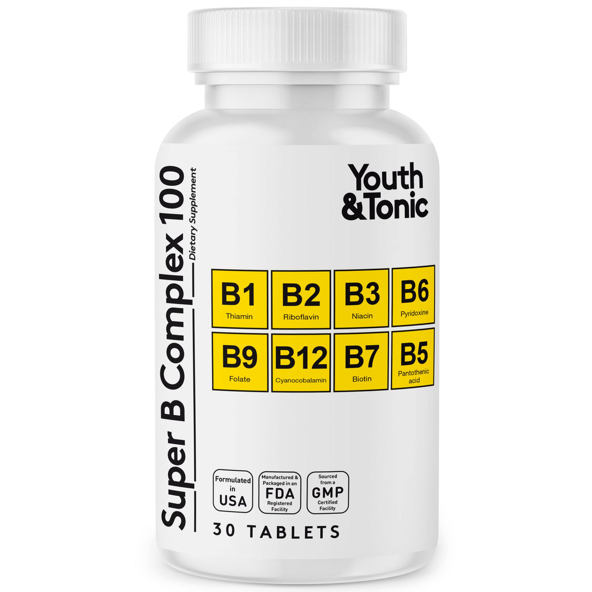 Youth & Tonic B-Complex Vitamins 100 Tablets front view