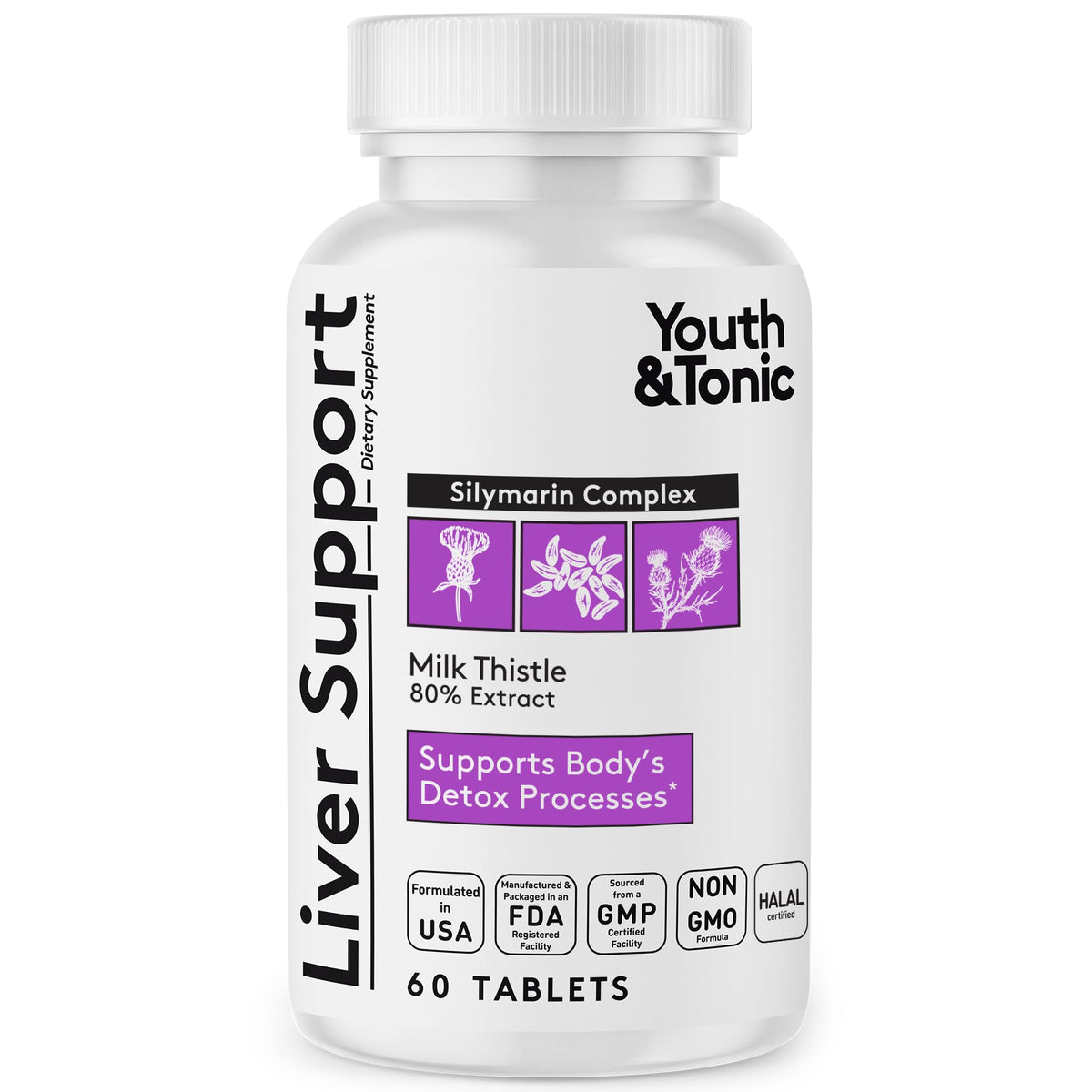 Youth & Tonic Milk Thistle Liver Support Supplement front view
