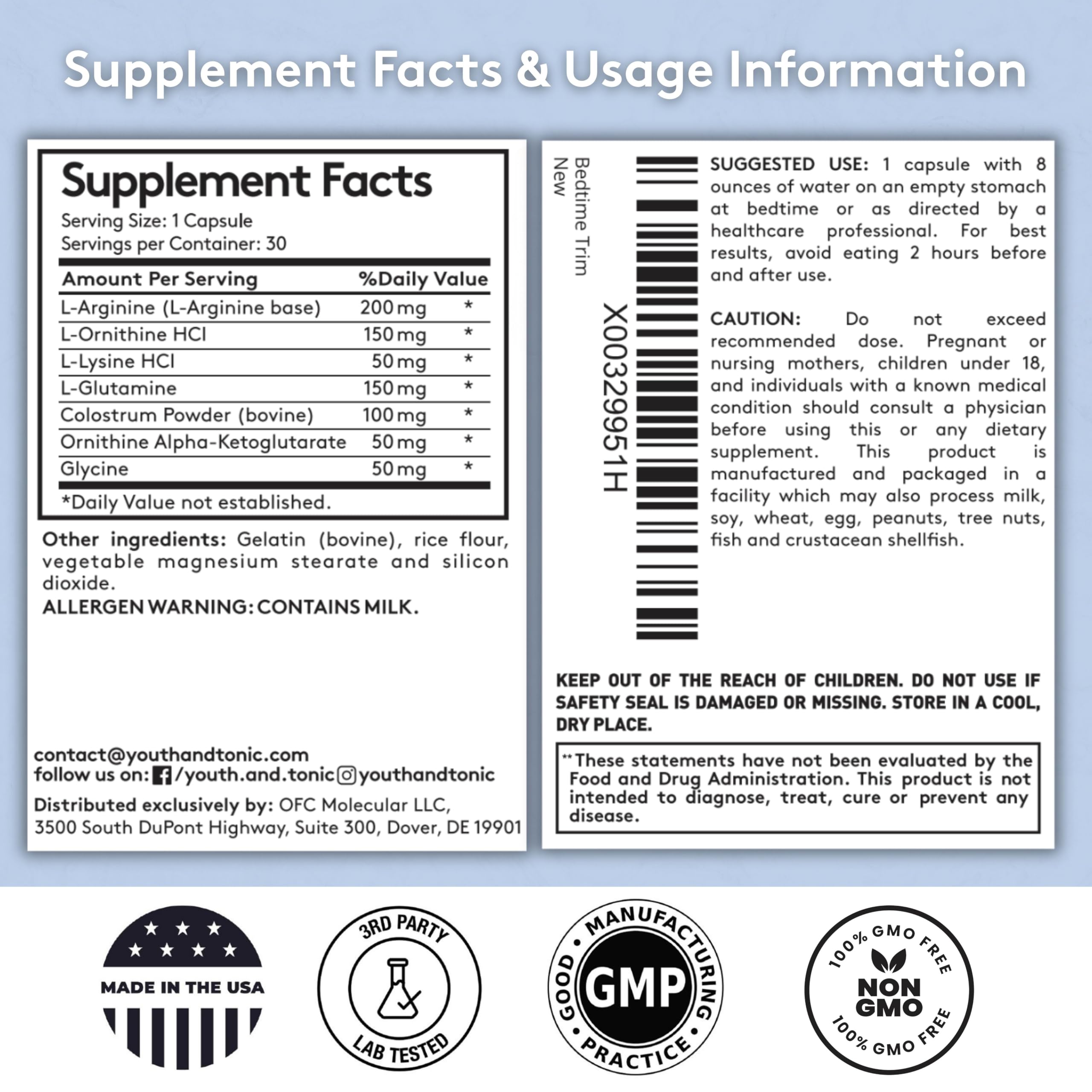 Youth & Tonic Nighttime Amino Acid Supplement on a bedside table