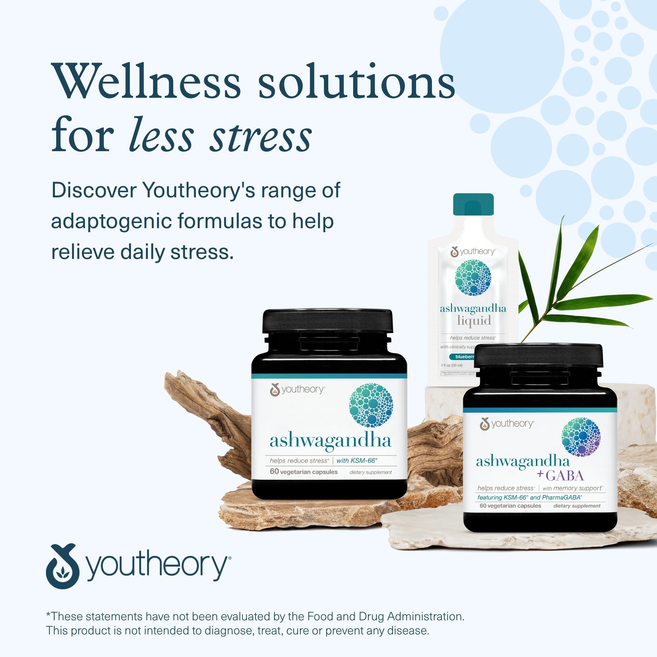 Youtheory Ashwagandha bottle with a green plant background