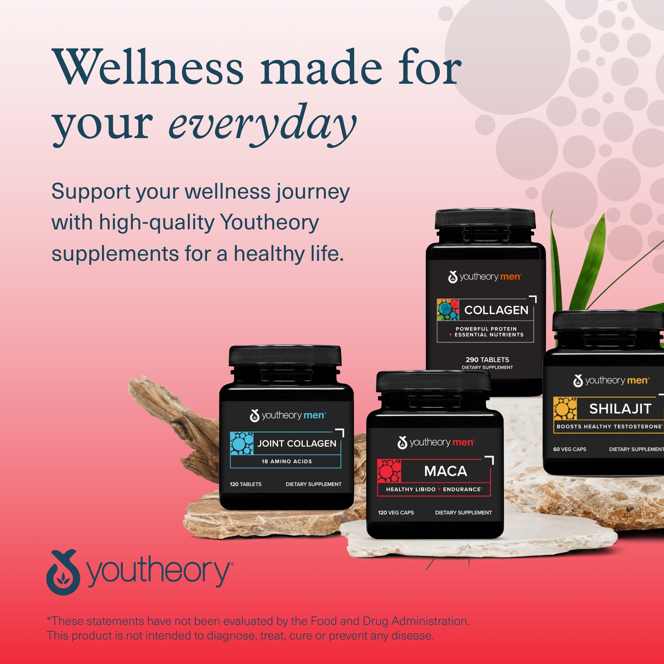 Youtheory Men's Maca Supplement 1000mg vegan capsules with other supplements