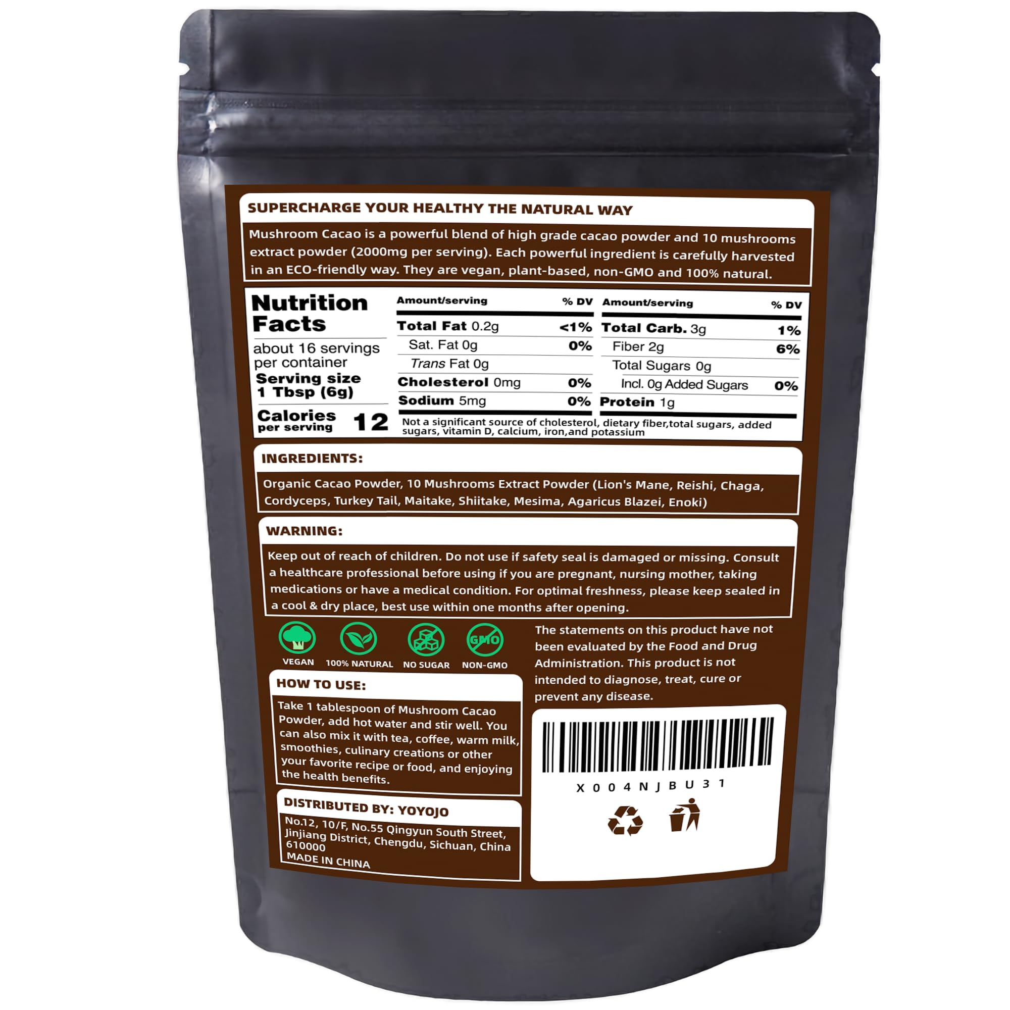 YoYoJo Mushroom Cacao Powder nutritional information