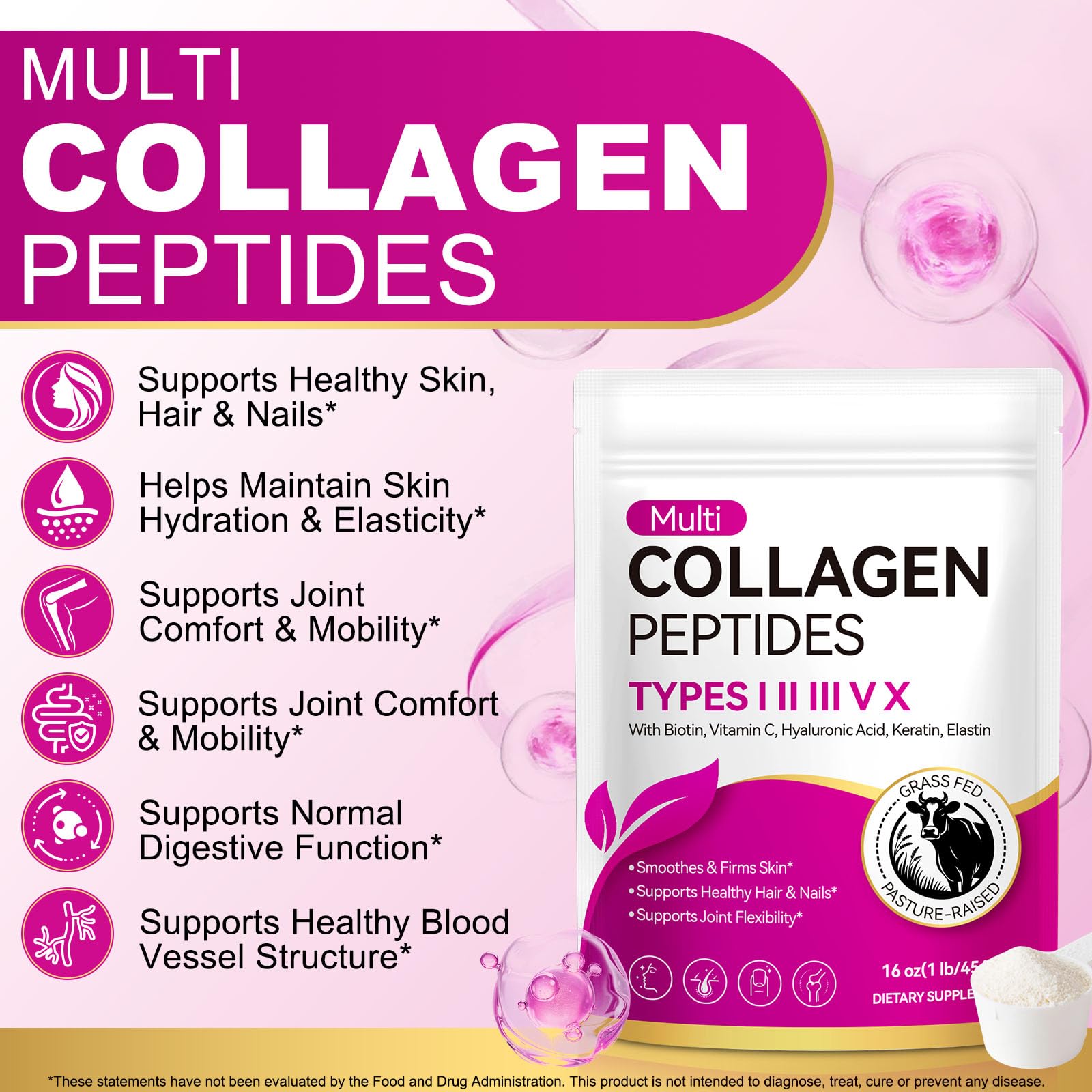 YUEPLATTNMAY Multi-Collagen Protein Powder 454g back view with nutritional information