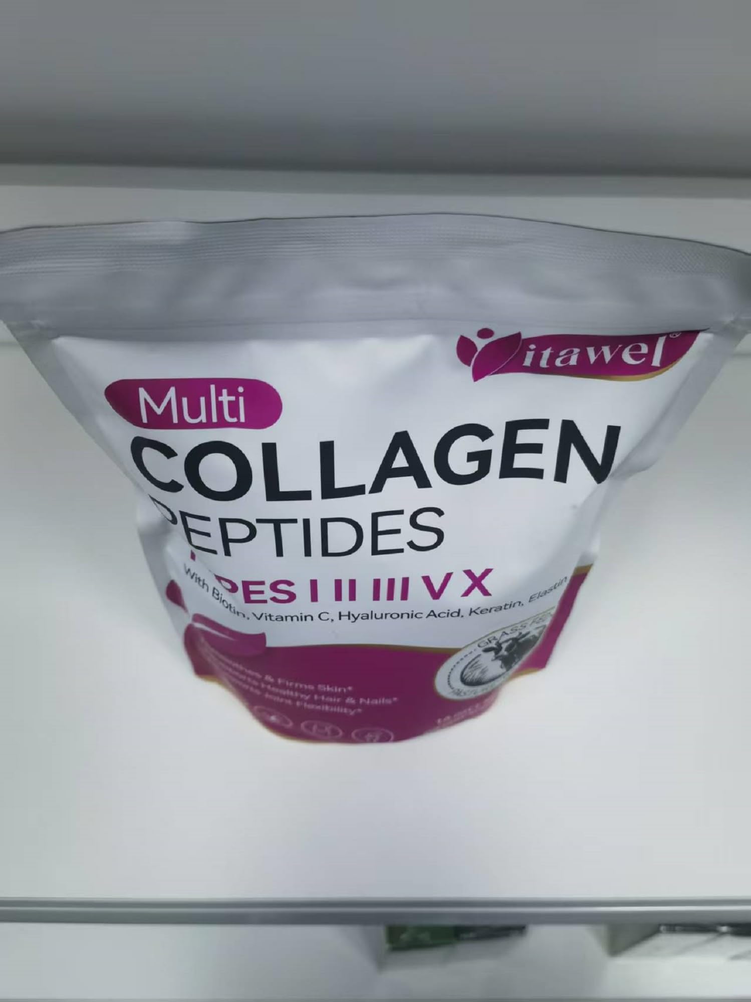 YUEPLATTNMAY Multi-Collagen Protein Powder displayed with fruits and vegetables