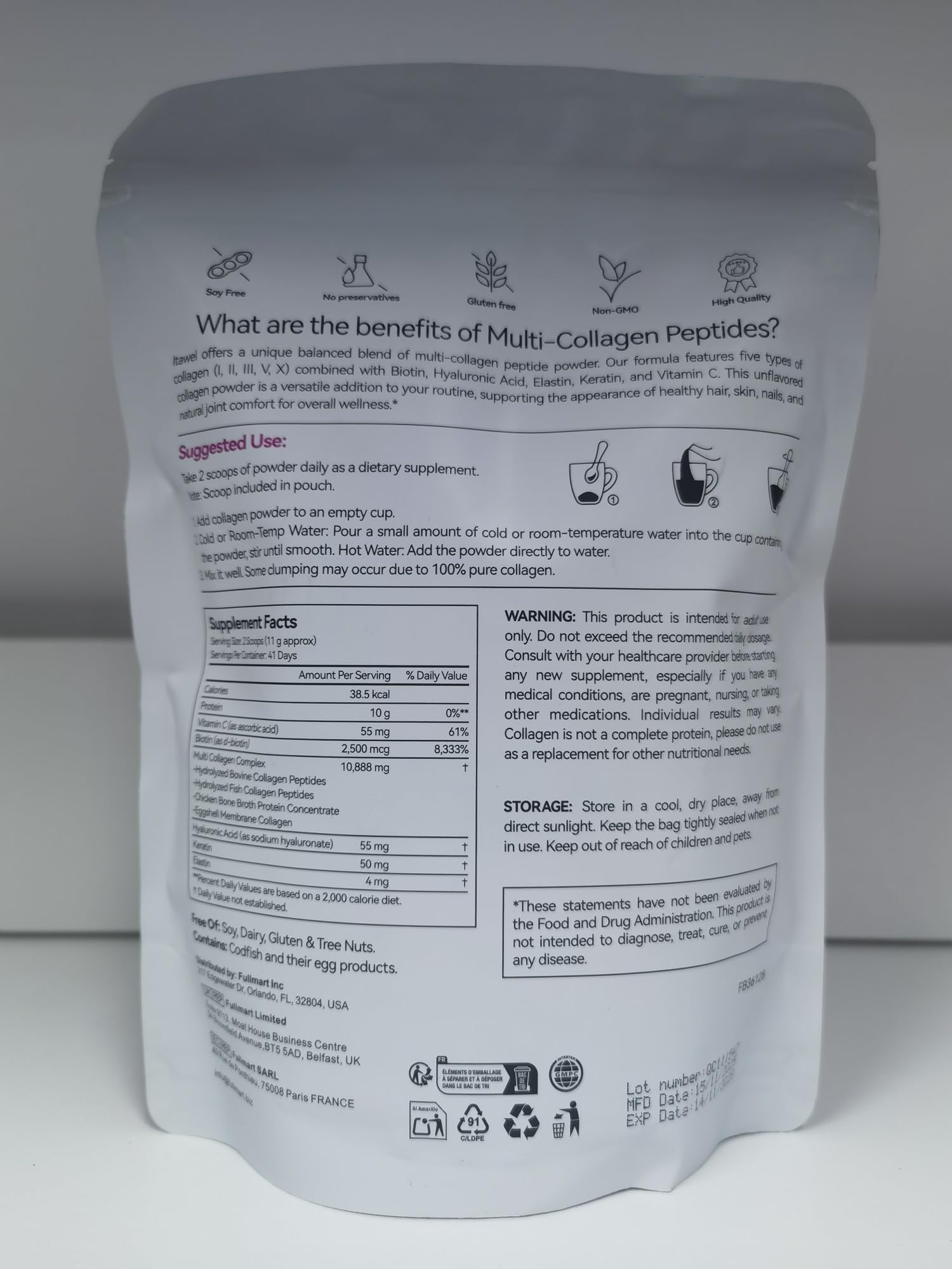 YUEPLATTNMAY Multi-Collagen Protein Powder packaging with ingredients list