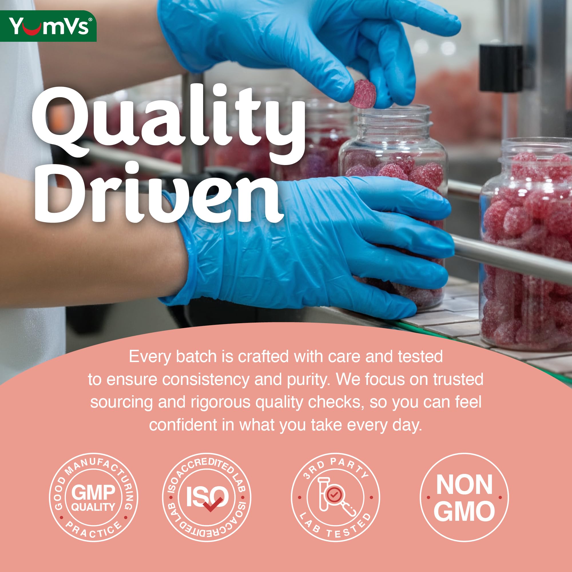 YUM-V'S B Complex Gummies 450g displayed with fresh strawberries