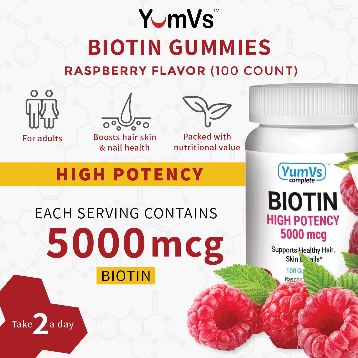 YUM-V'S Biotin Gummies raspberry flavour close-up