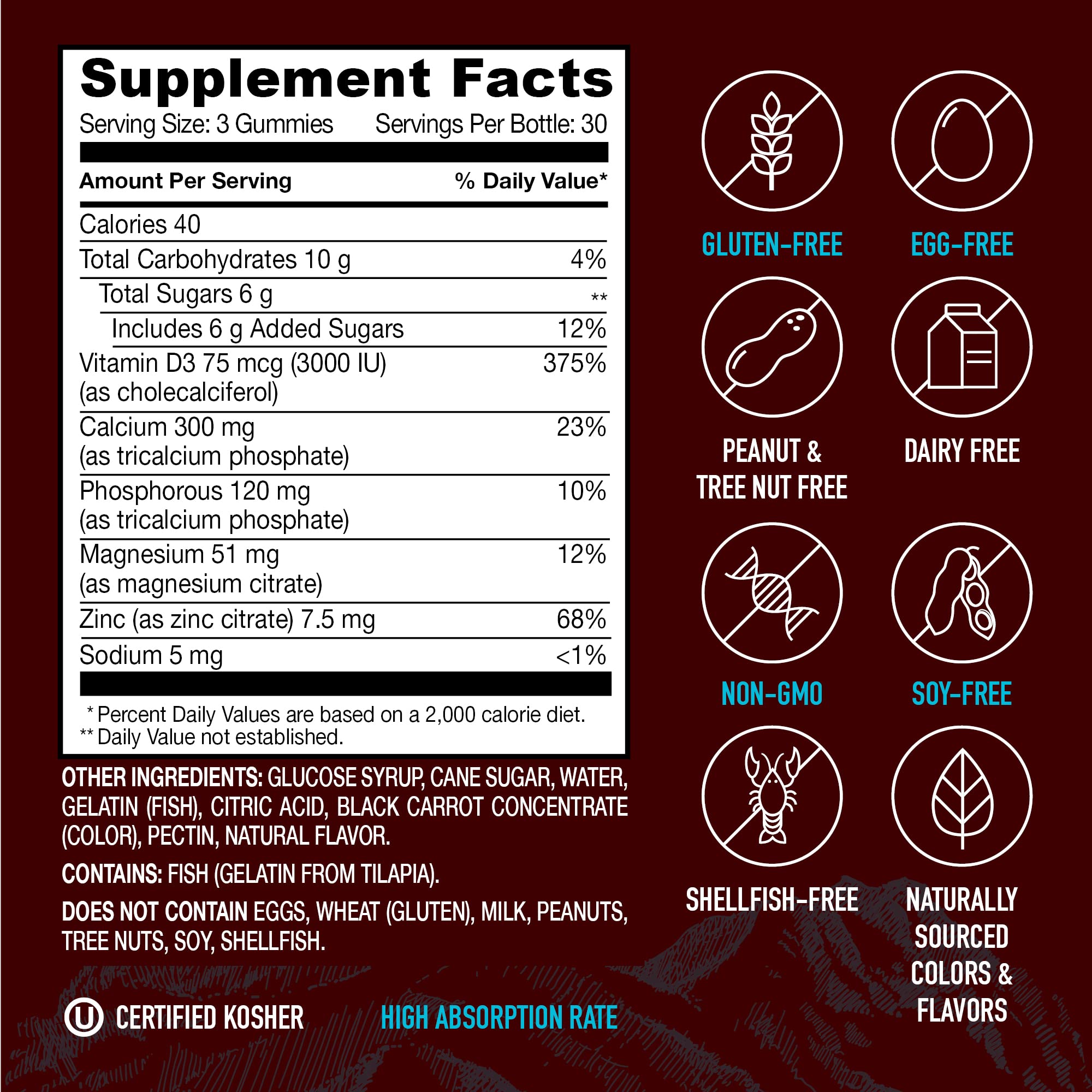 YUM-V'S Calcium Magnesium Zinc Gummies ingredients list