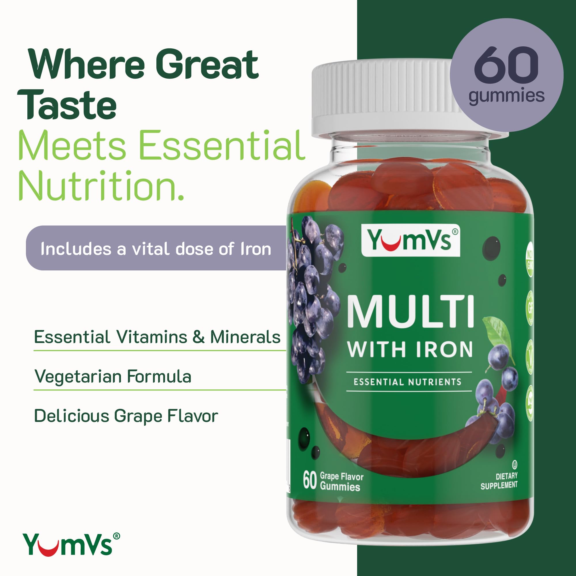 YUM-V'S Gummy Multivitamins with Iron back view showing ingredients