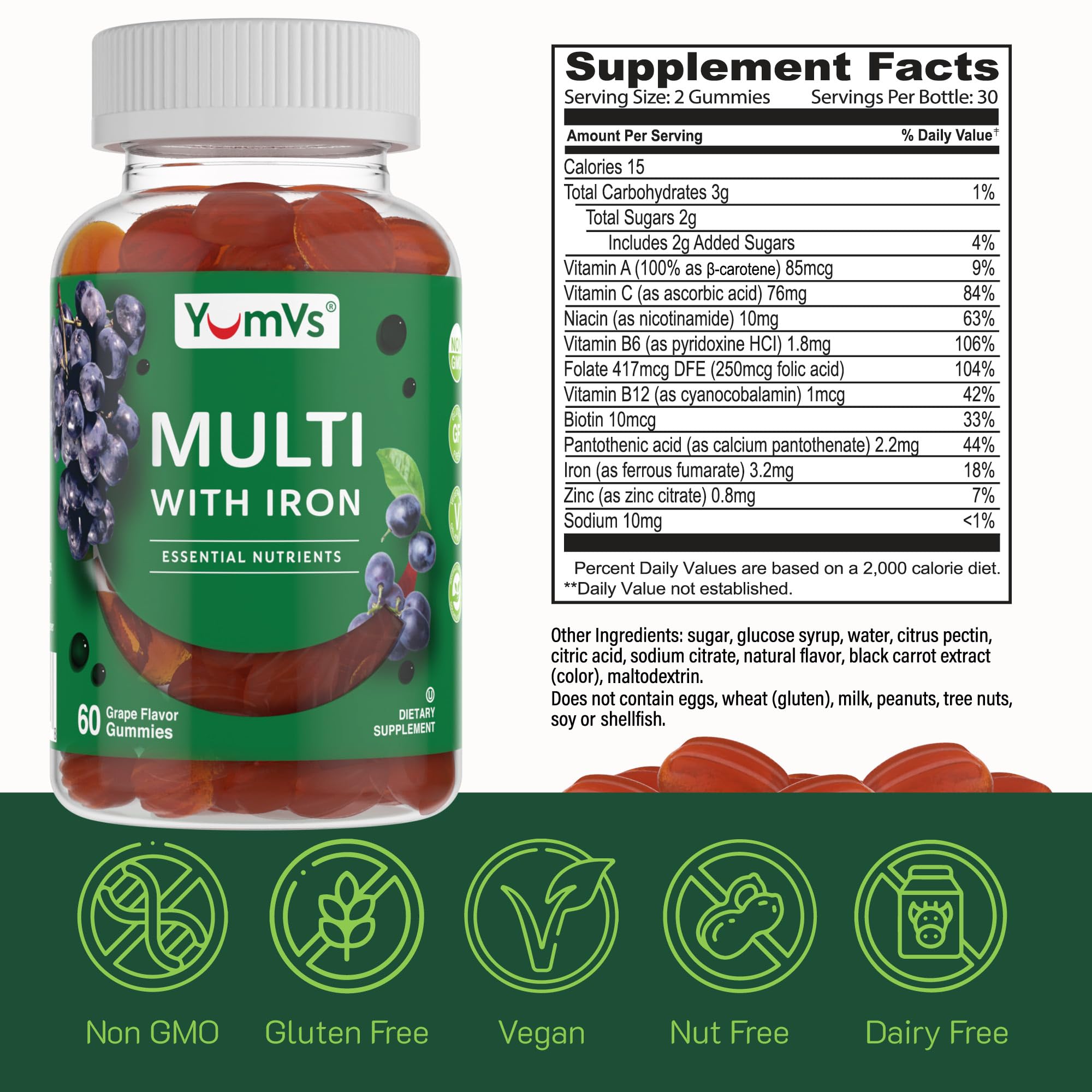 YUM-V'S Gummy Multivitamins with Iron gummies in a bowl