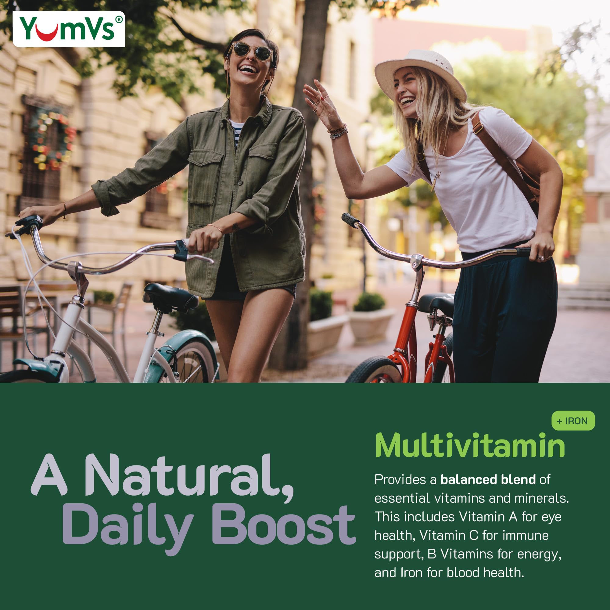 YUM-V'S Gummy Multivitamins with Iron gummies in a bowl