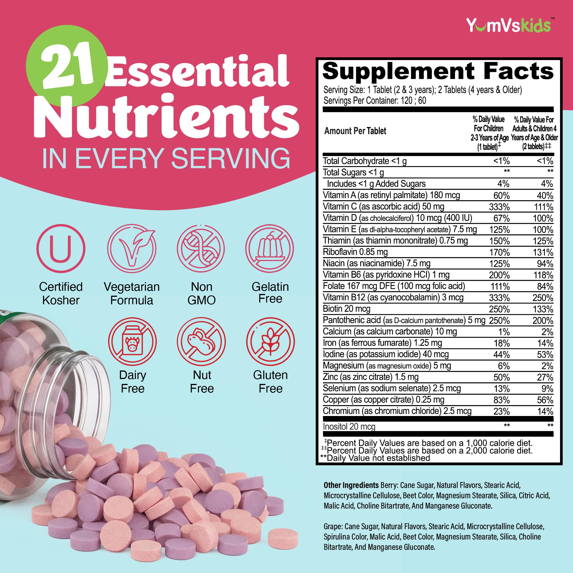 YUM-V'S Kids Multivitamins Chewables side view showing nutrition facts