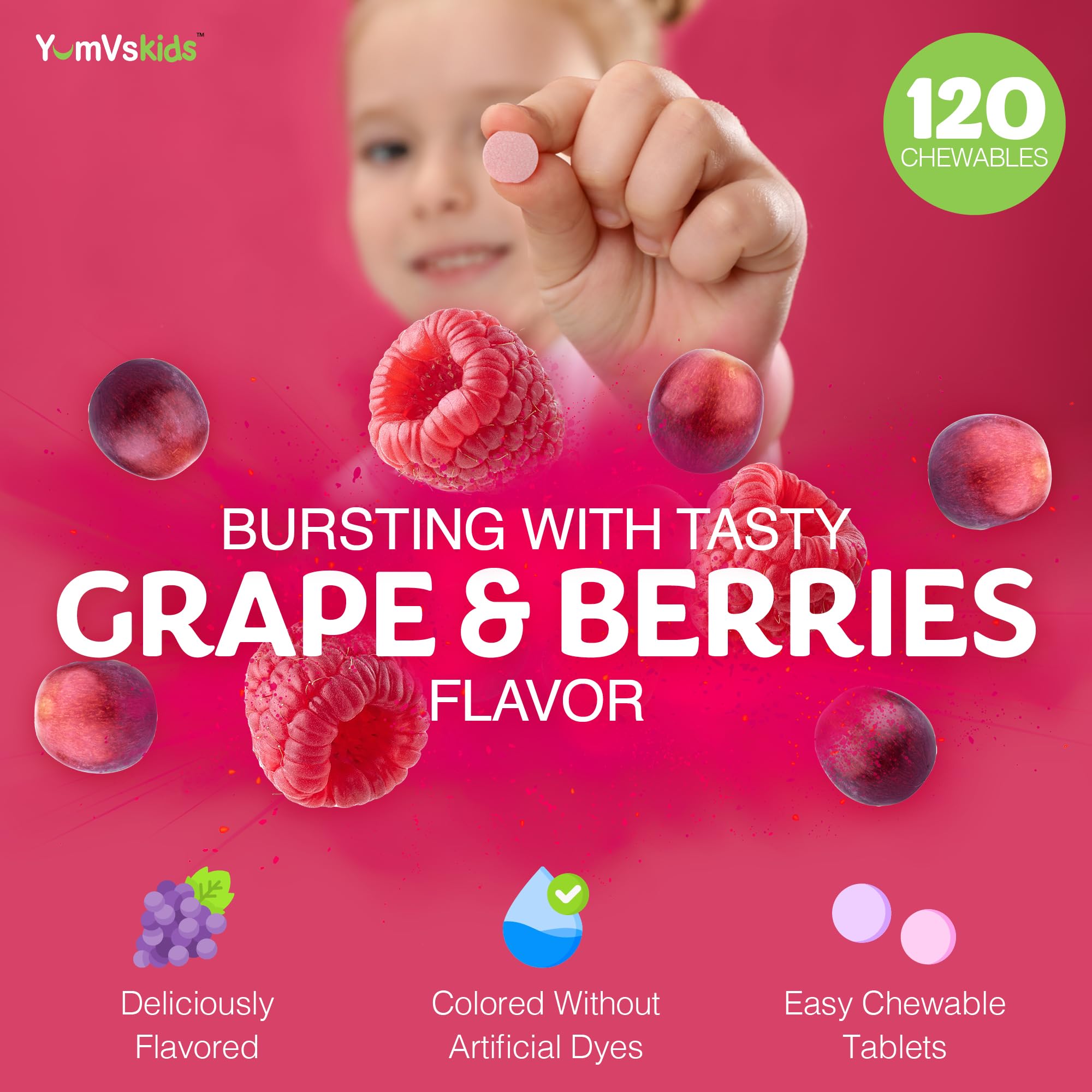 YUM-V'S Kids Multivitamins Chewables with a child holding a tablet