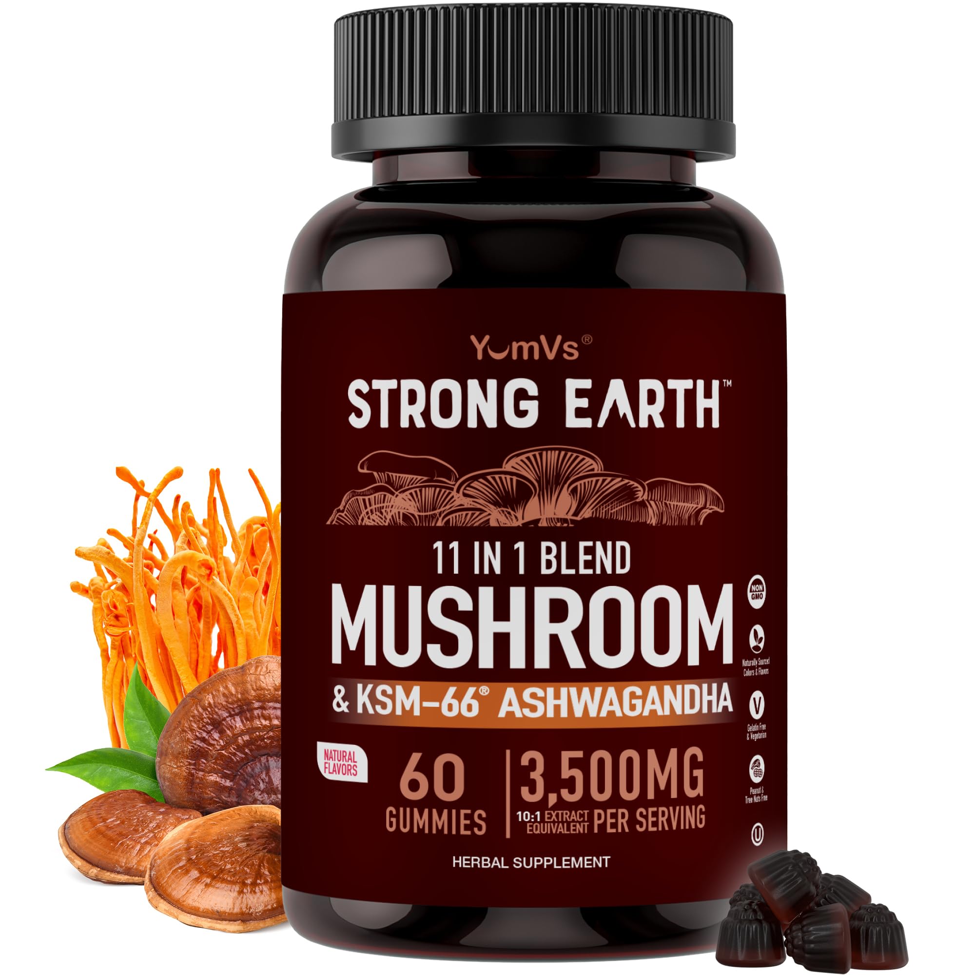 YUM-V'S Mushroom Gummies front view with 60 gummies