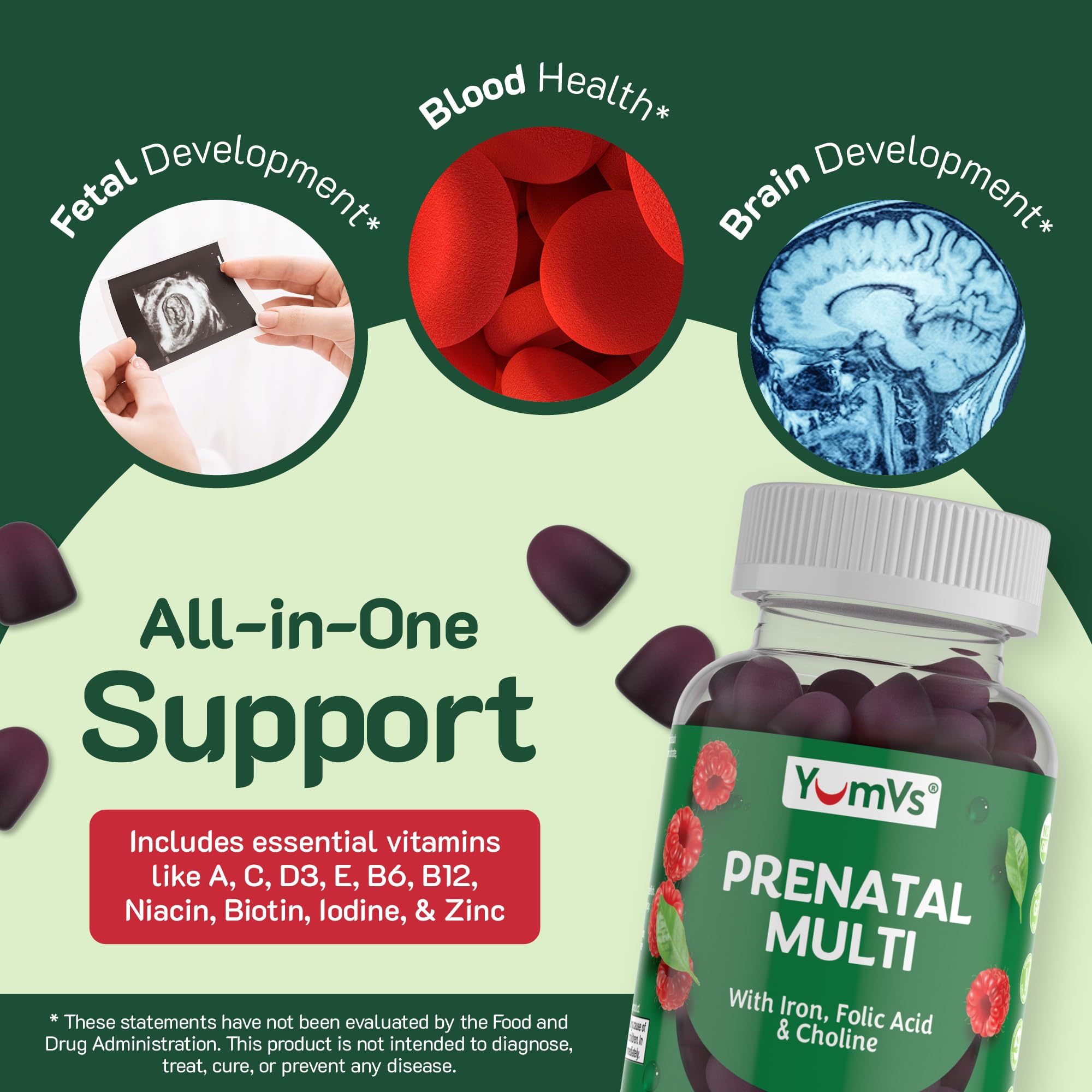 YUM-V'S Prenatal Gummies with fresh berries on a wooden table
