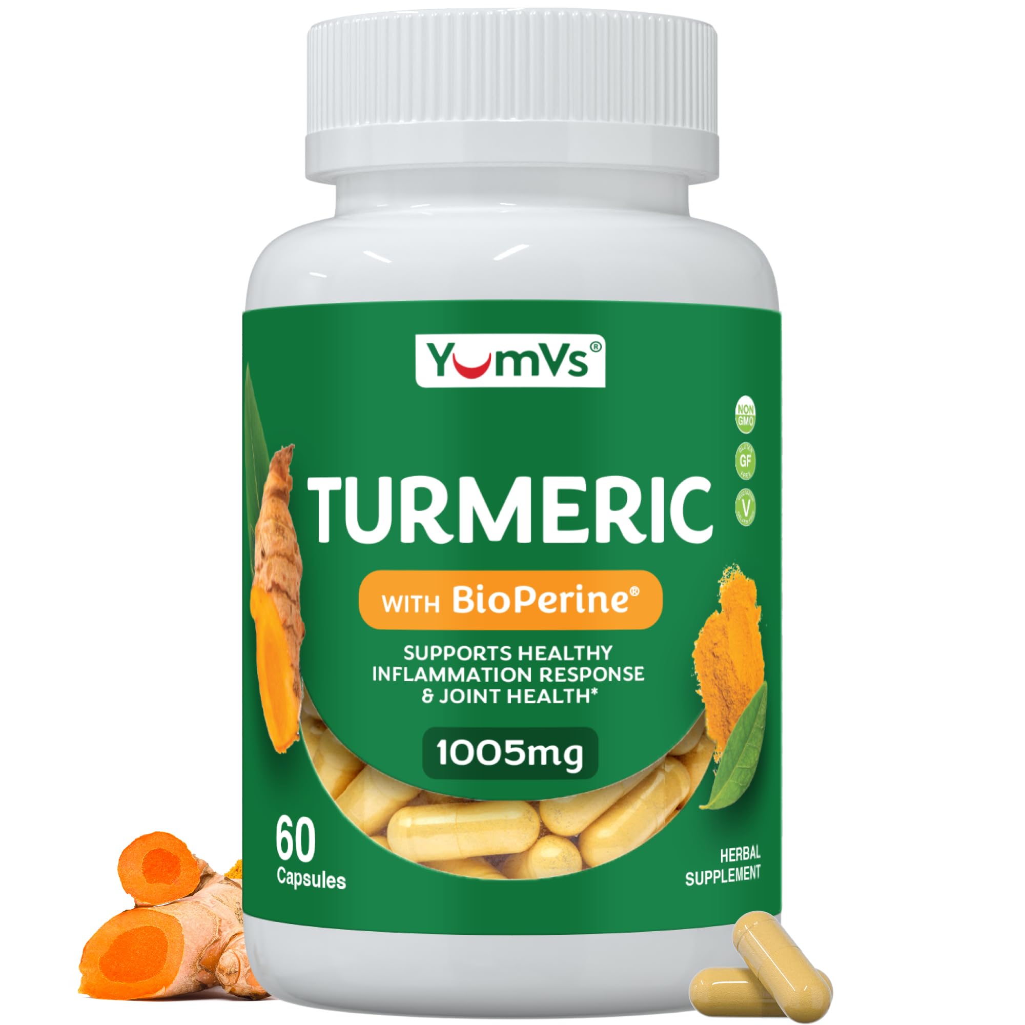 YUM-V'S Turmeric Capsules 900MG organic turmeric root front view