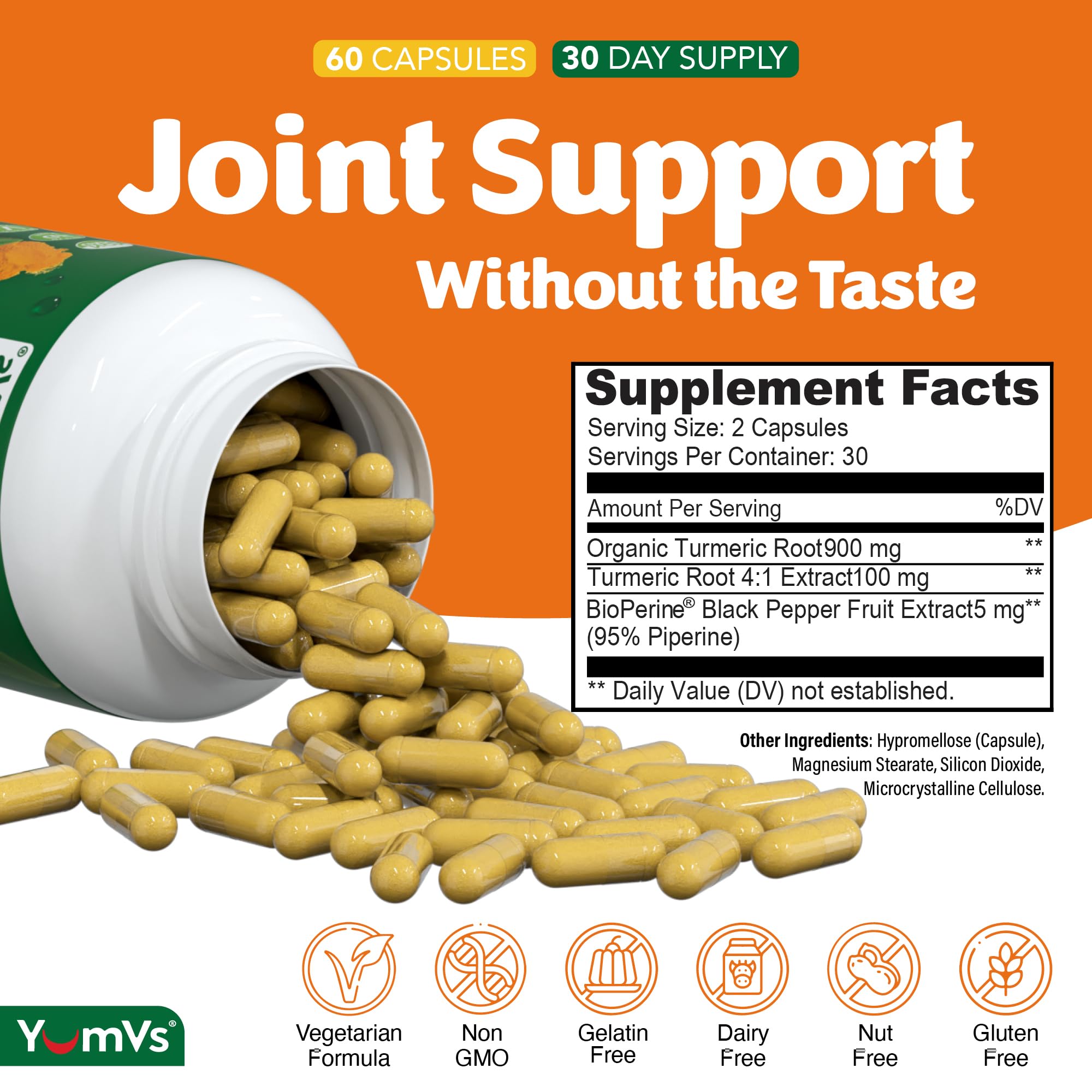 YUM-V'S Turmeric Capsules side view showing capsule details