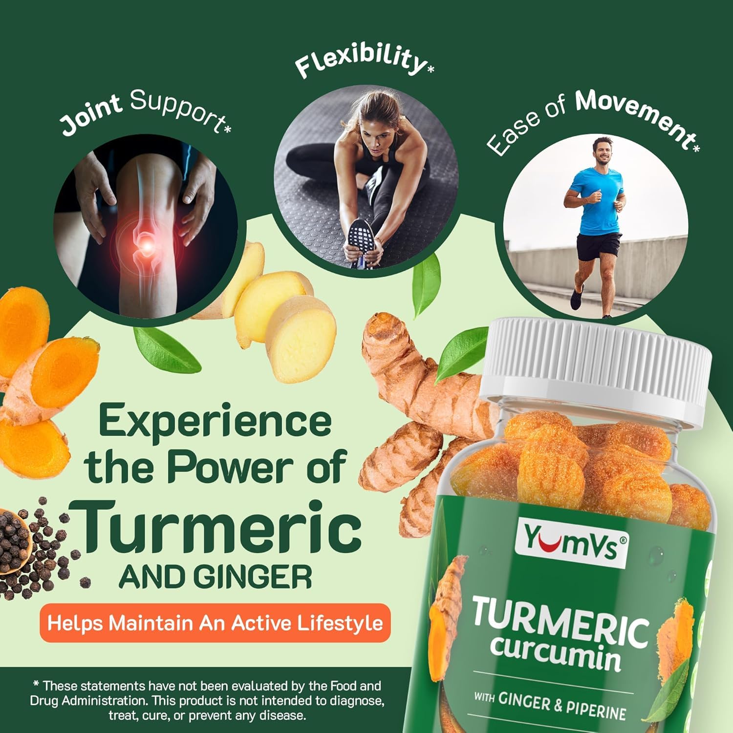 YUM-V'S Turmeric Gummies on a wooden table