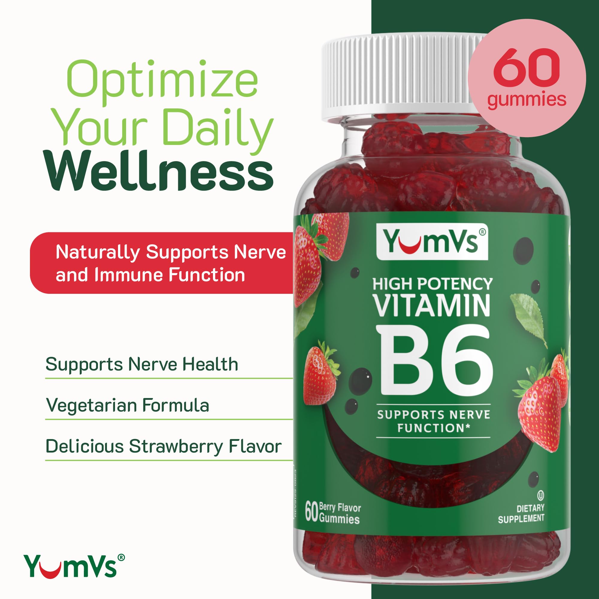 YUM-V'S Vitamin B6 Gummies 100mg Strawberry Flavour bottle side view