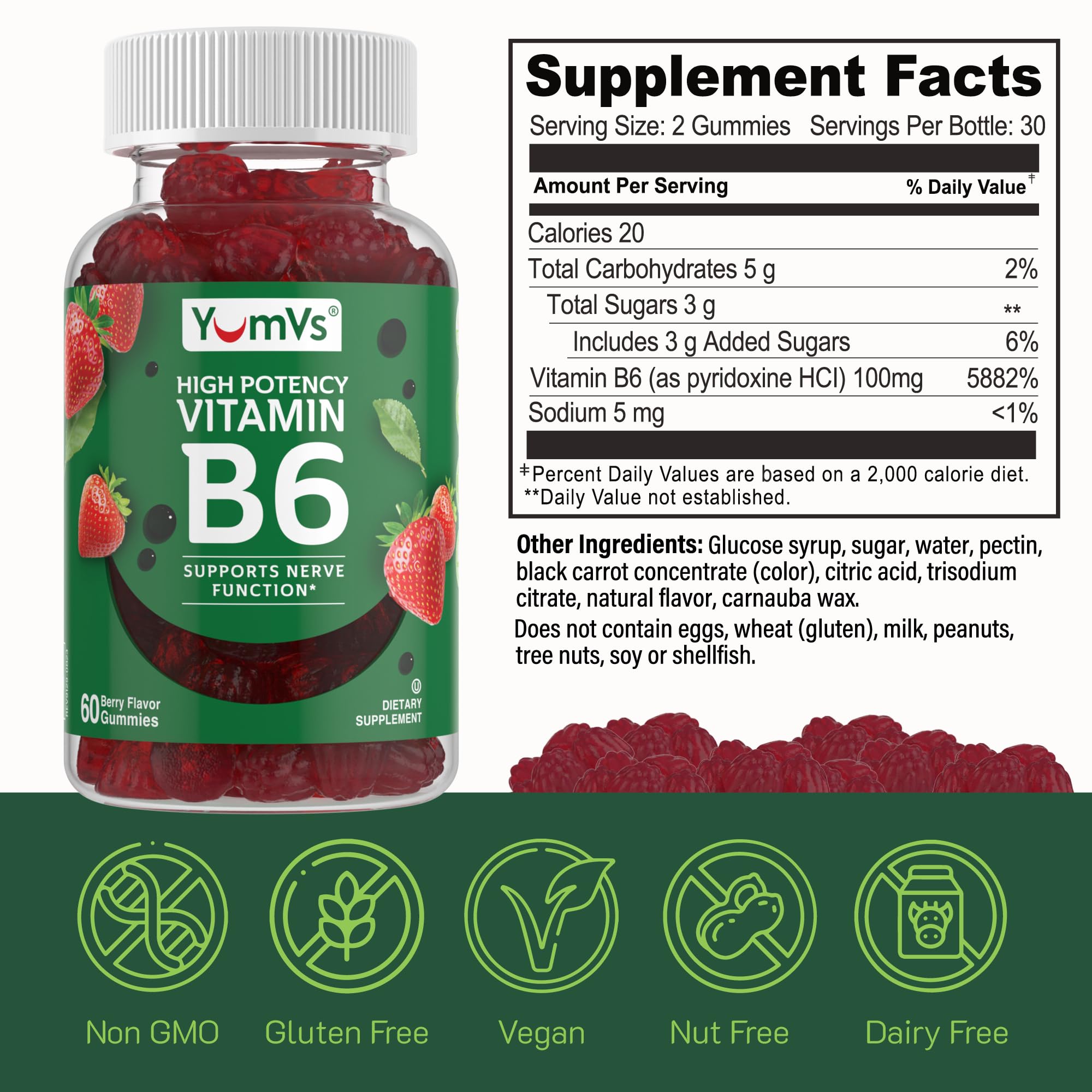 YUM-V'S Vitamin B6 Gummies 100mg Strawberry Flavour nutritional information