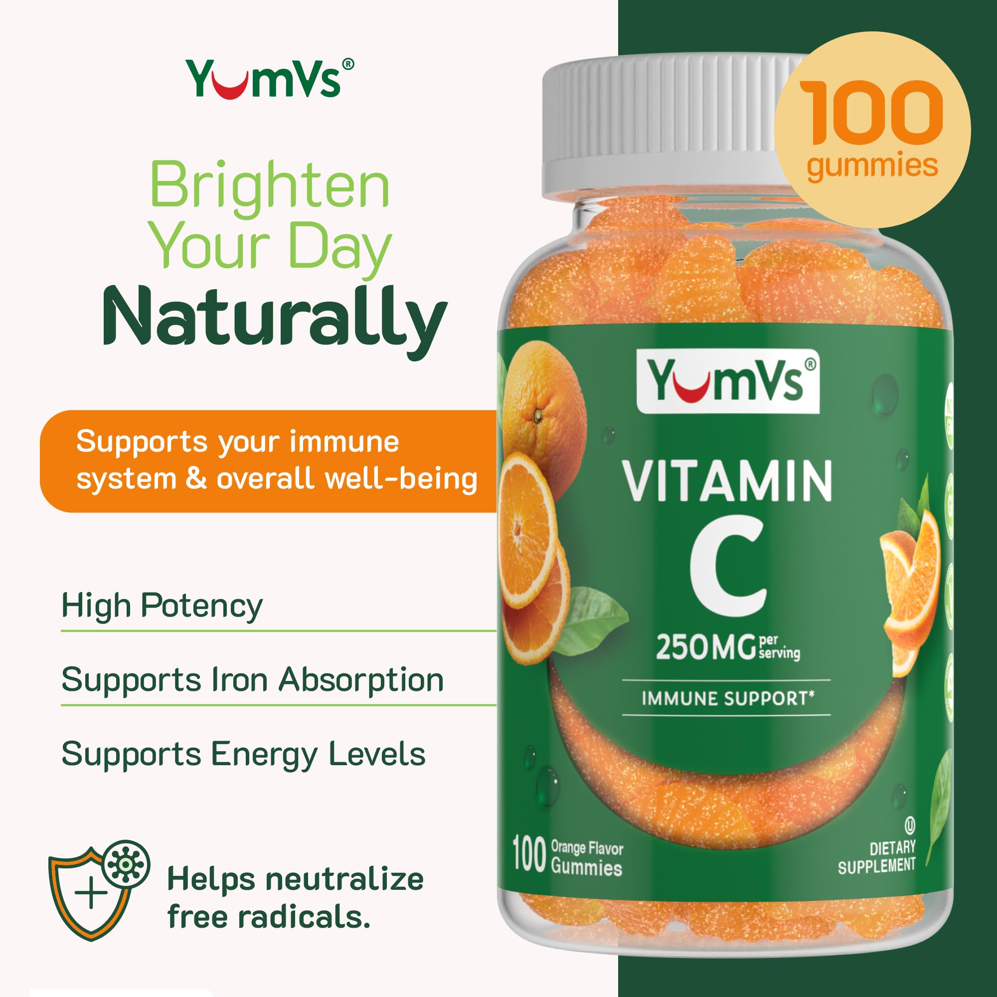 YUM-V'S Vitamin C Gummies 250mg gummies in a bowl