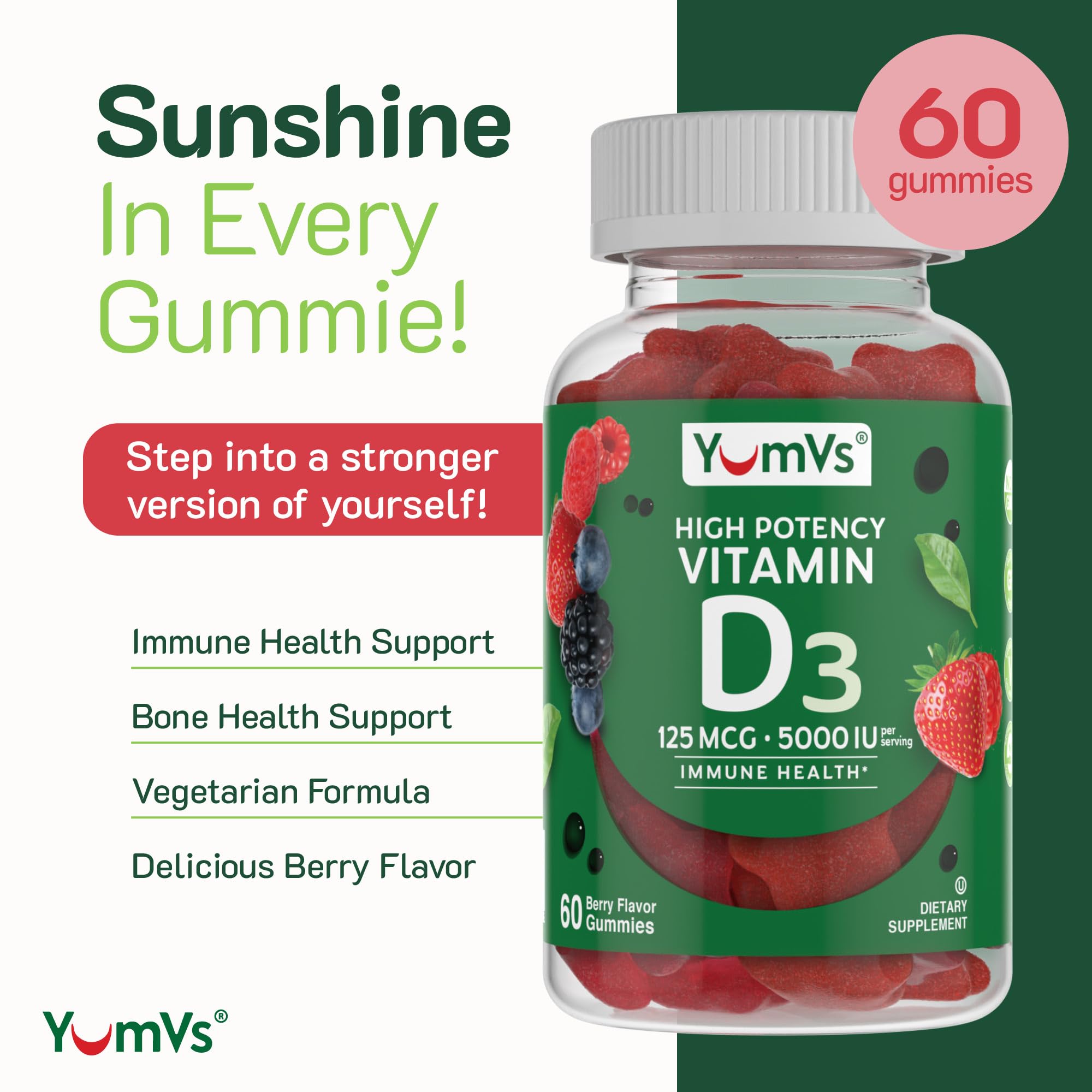 YUM-V'S Vitamin D3 Gummies 5000 IU side view showing packaging