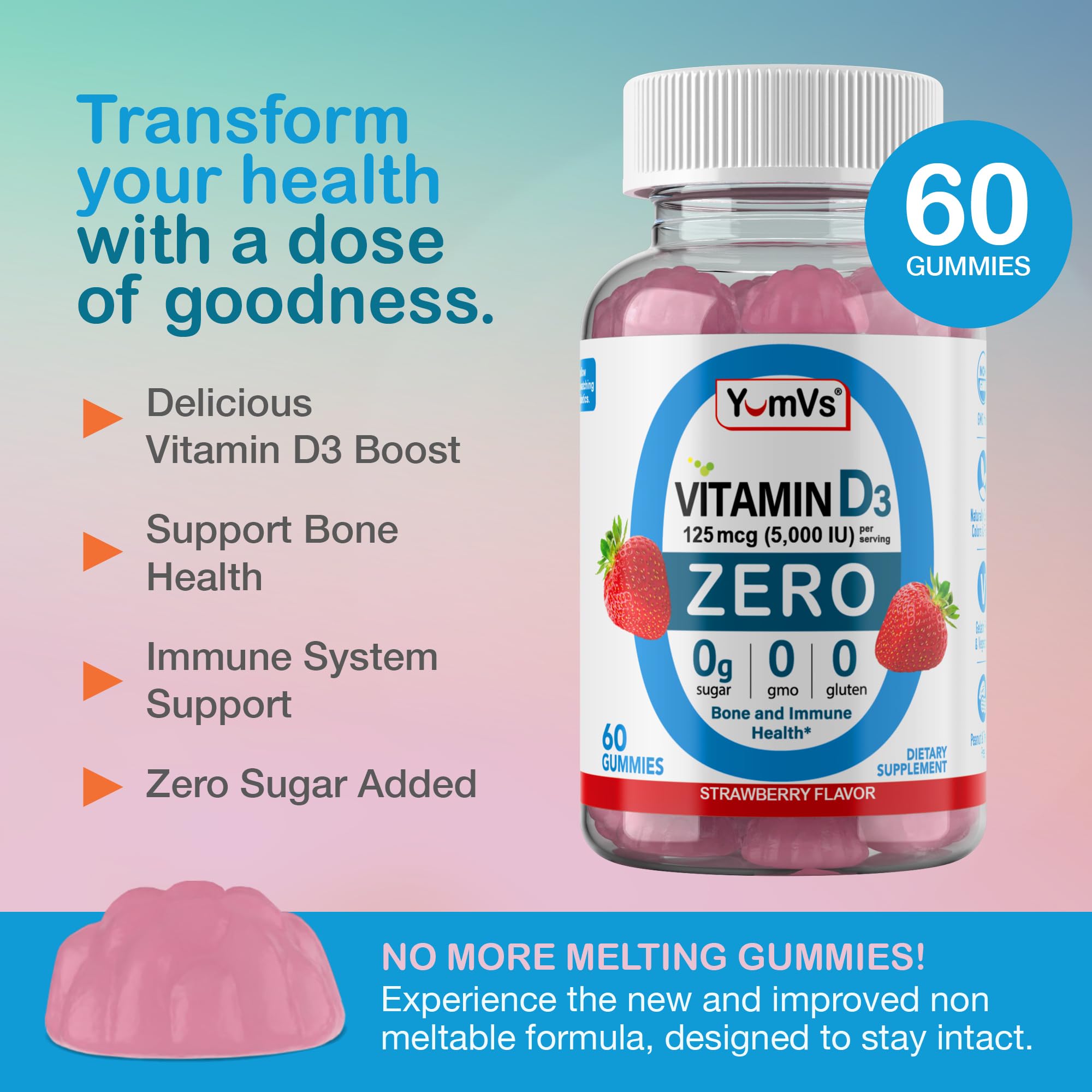 YUM-V'S Vitamin D3 Gummies bottle side view showing nutritional information