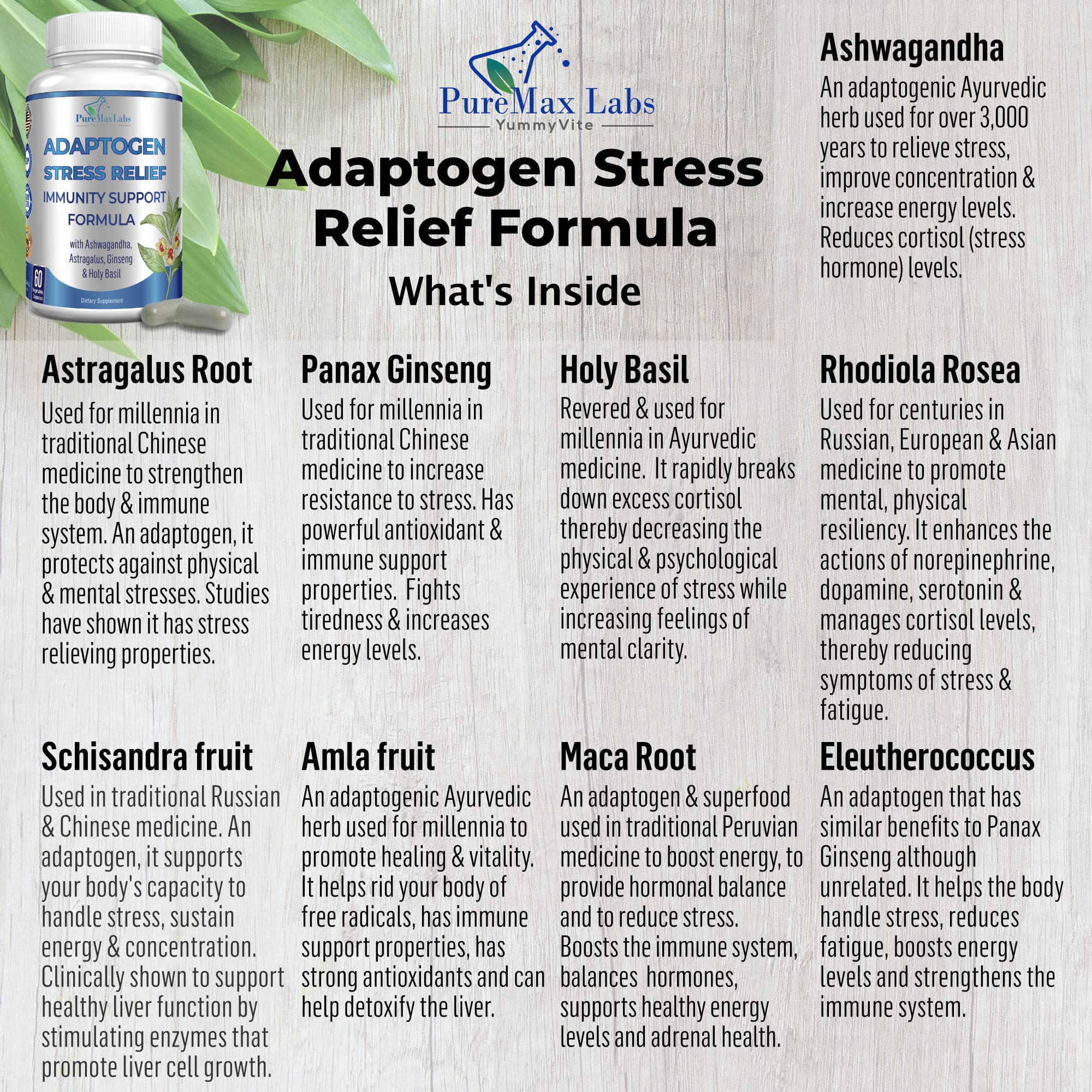 YUMMYVITE Adrenal Extracts Supplement capsules on a wooden surface